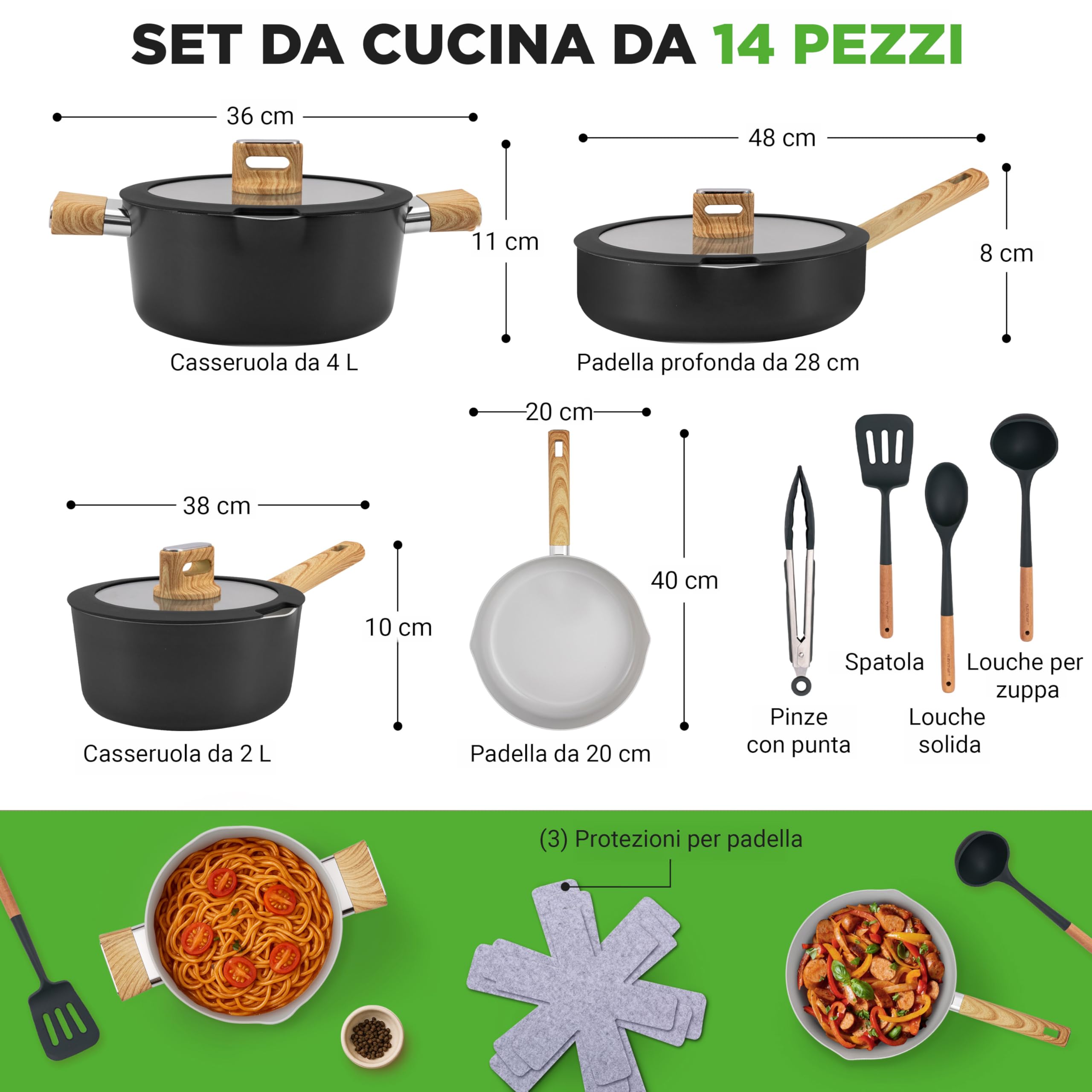 NutriChef Set Pentole e Padelle 14 Pezzi in Ceramica Antiaderenti, Compatibili Induzione, Coperchio in Vetro, Manici Antiscottatura, Lavabili in Lavastoviglie, Mestolo, Pinze e Spatola Inclusi, Nero
