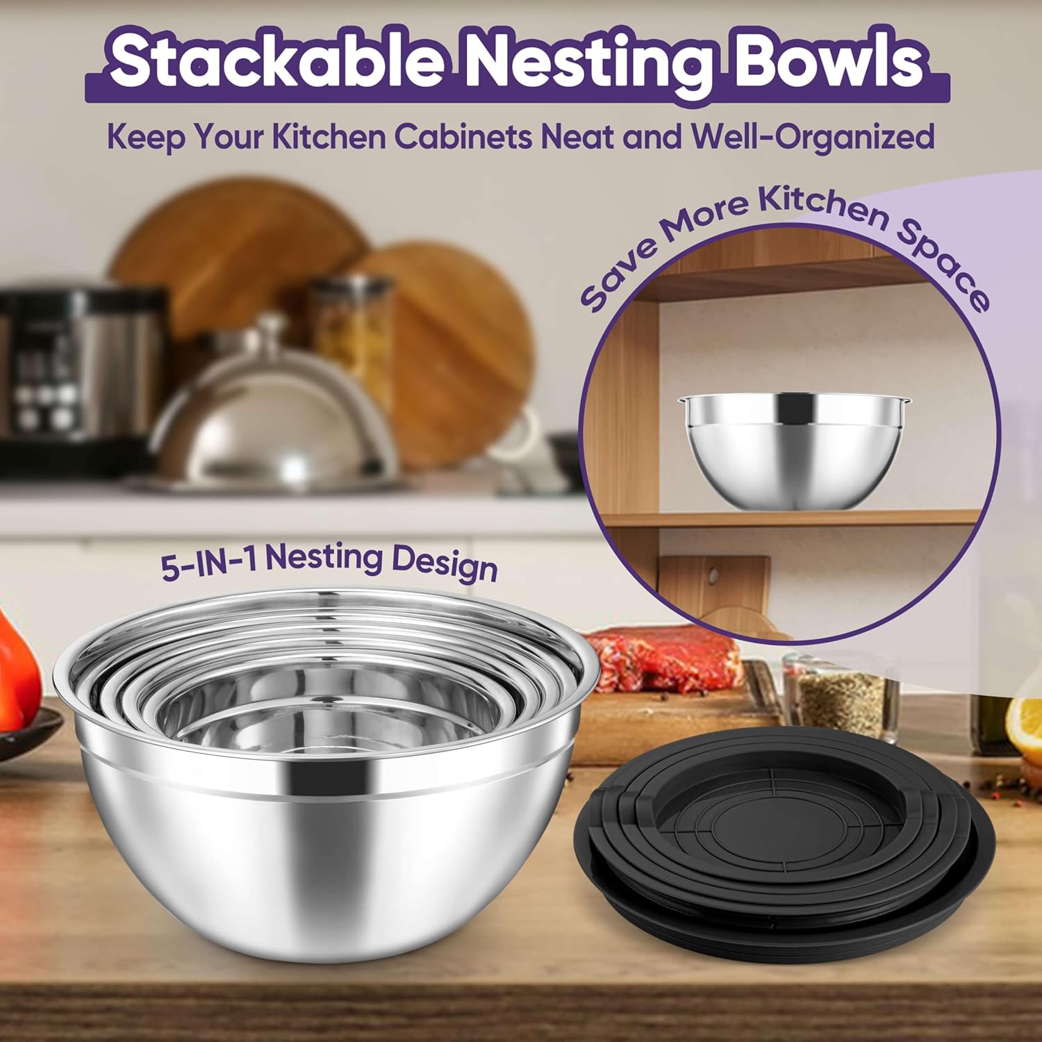 Herogo 5-Piece Mixing Bowls with Lids, 3 Grater Attachments, 7-Piece Cooking Utensils Set, Black