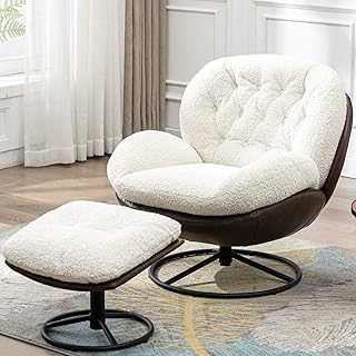 Modern Accent Chair with Ottoman, Fluffy Faux Fur Upholstered Swivel Lounge Chair with footrest, Comfy Tufted Armchair with Metal Heavy Duty Base for Living Room Bedroom Reading Chair, White