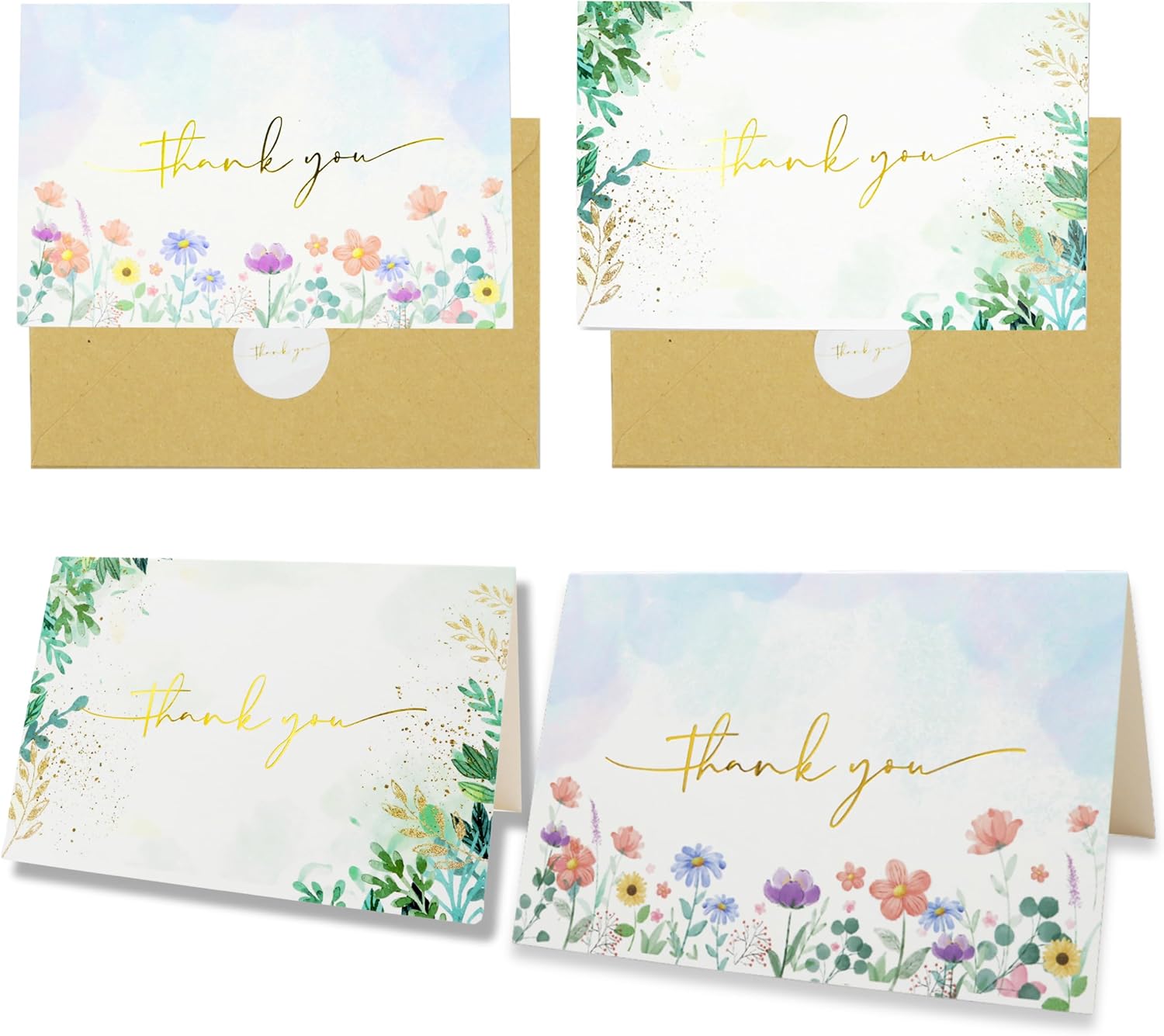 Nuoerp 100 Pack Thank You Cards with Envelopes, Premium Cotton Paper, Gold Foil, Blank Thank You Notes for Personal Message, Bulk Set for Small Business, Wedding, Bridal Shower, Gratitude for Special Occasions (2 Design, 100 Pack, 4.25 x 6 Inch, Box Included)