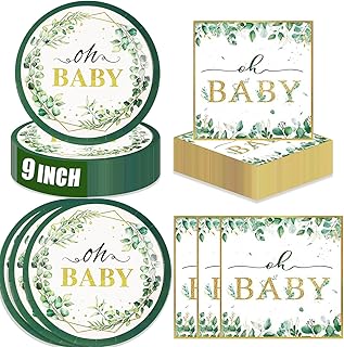 40 PCS Sage Green Baby Shower Disposable Tableware Set,Eucalyptus Dinnerware Set-9 inch Dinner Paper Plates and Napkins,Oh Baby Shower Plates for Gender Reveal, Boy Girl Birthday Party Serves 20