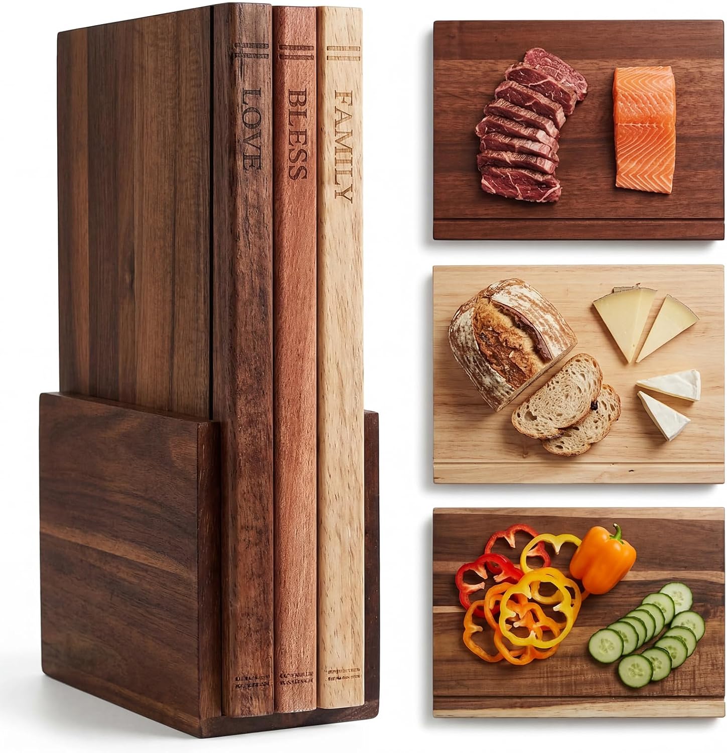 Wood Book Cutting Boards Set of 3 with Stand— Acacia, Sapele & Rubberwood, Engraved Bless Family Love, Book Shaped Chopping Board for Kitchen Decor Gift (13" x 9.5")