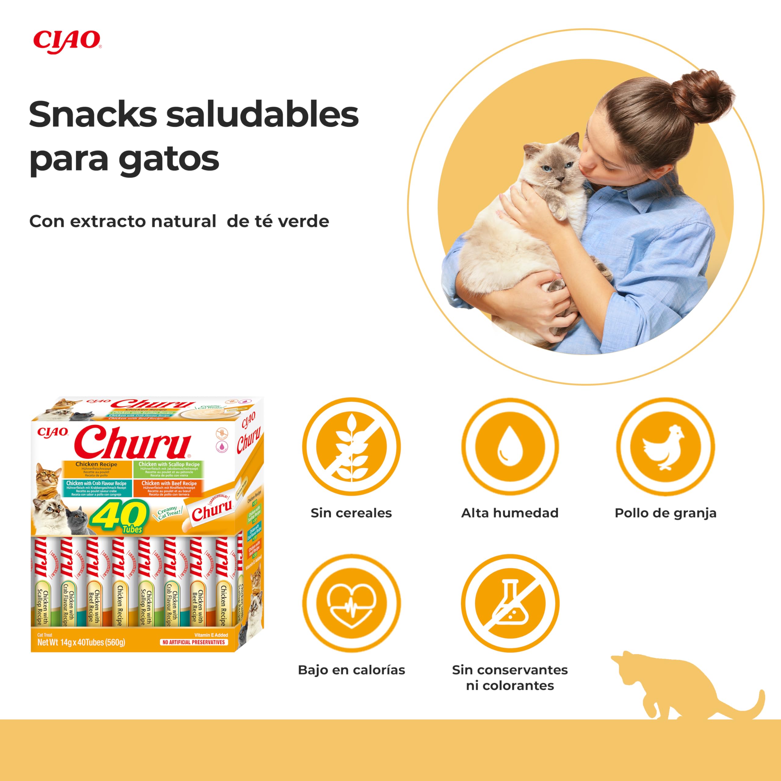 INABA Churu Gatos - 4 Recetas de Snacks Saludables a Base de Pollo - Deliciosos Premios con Textura Suave y Cremosa - Natural, Sin Cereales, Sin Conservantes, Sin Colorantes - 560g (40x14g)