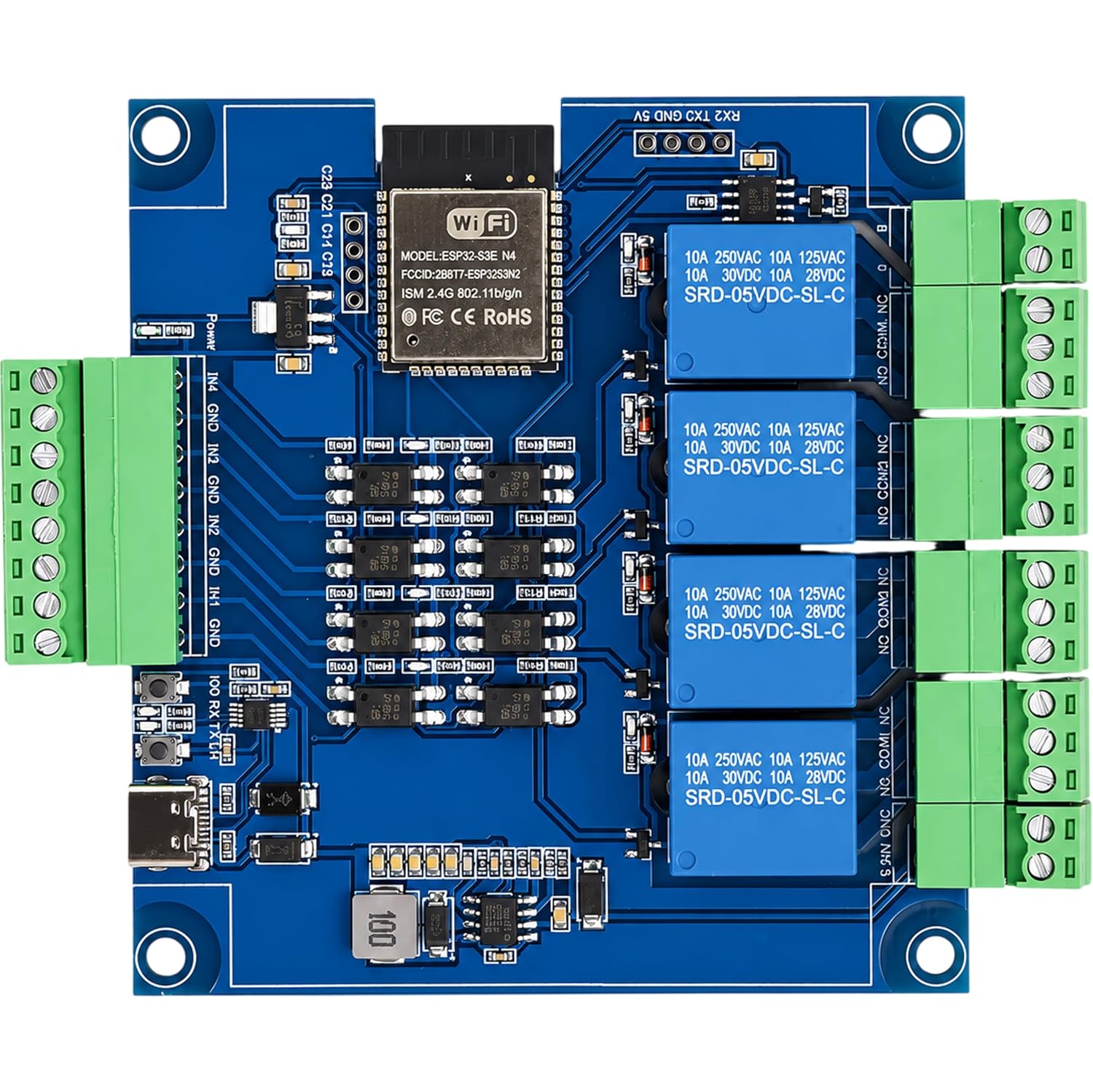 ESP32 RS485 Modbus, 4 Relay Modules, 4 Optocouplers | WiFi Bluetooth Type-C CH340 9-24V DC for Arduino IDE Industrial Automation