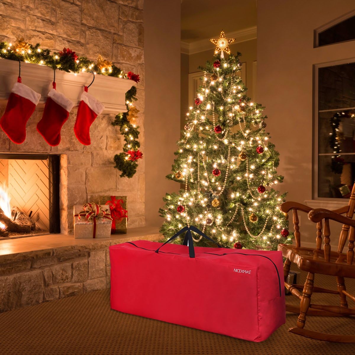 Christmas Tree Storage Bag Jumbo Storage Bags with Carry Handle for Christmas Ornament Wreath Baubles Lights (red, 135 x 38 x 54 cm)