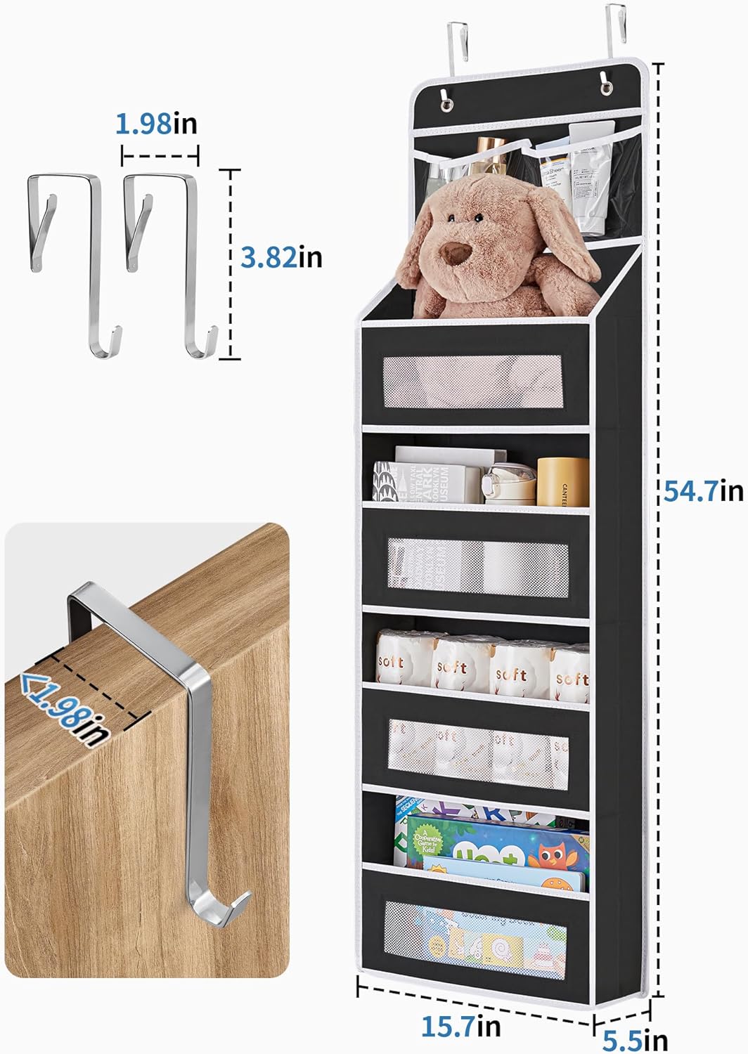 JARLINK 2 Pack 5-Shelf Over Door Organizer, Upgrade Hanging Storage with Clear Window, 50 lbs Load Storage Organizer for Bedroom, Bathroom, Nursery, Baby Kids Toys, Diapers, Pantry, Black