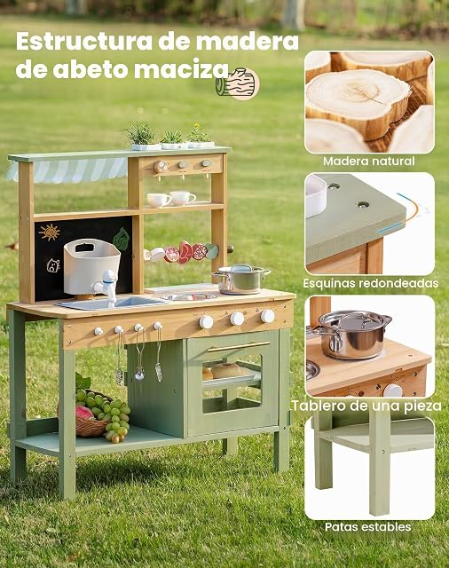 Foto 8 de 8 de ROBOTIME Mud Kitchen Play Set para niños, cocina de madera de lujo al aire libre con grifo funcional, pizarra