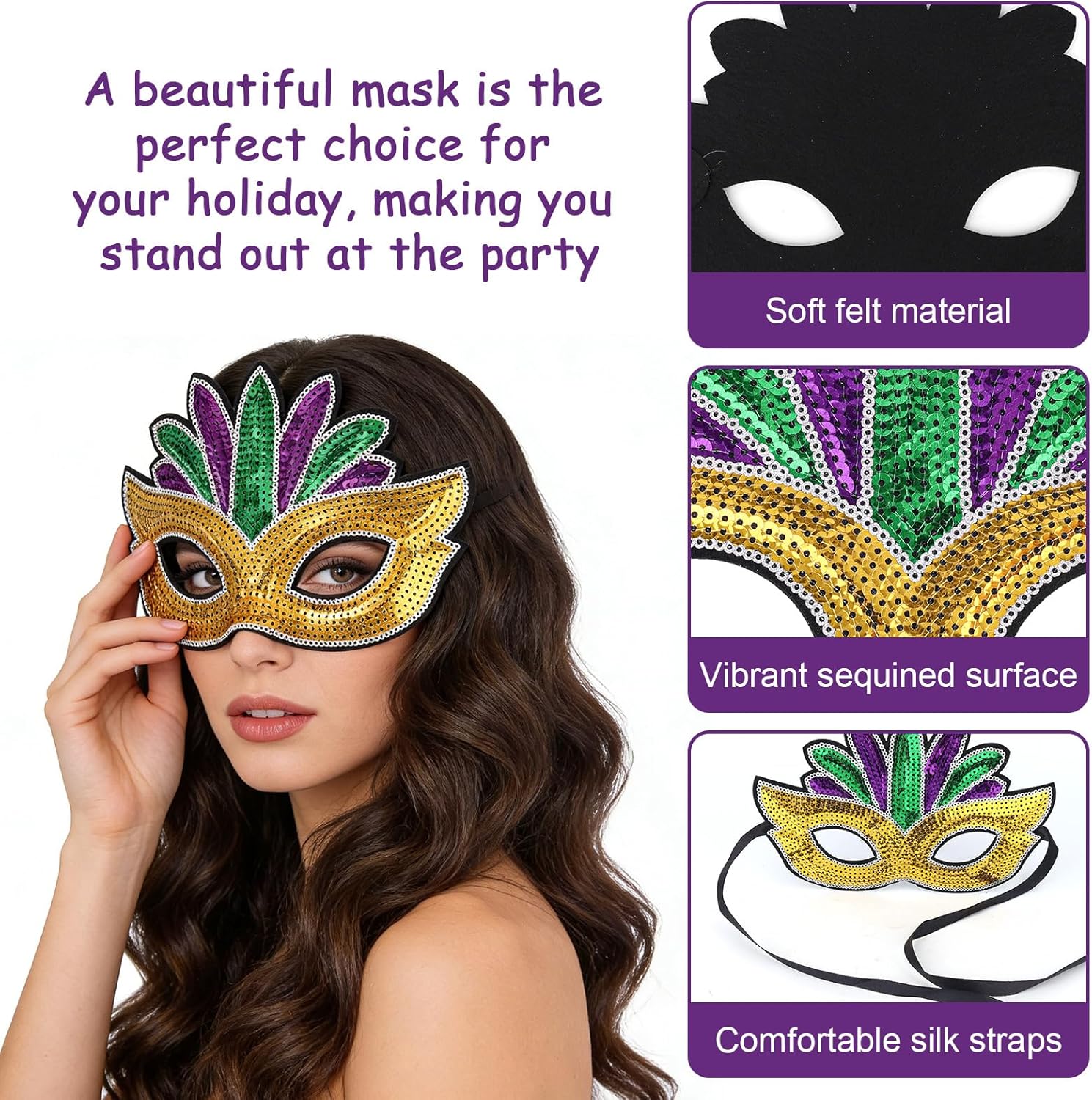 12pcs Mardi Gras Masks Bulk, Carnival Masquerade Masks Decorations with Sequin & Silk Ribbon 6 Styles Faux Feather Face Mask for Women Men Festival Ball Halloween Costume Party Favors