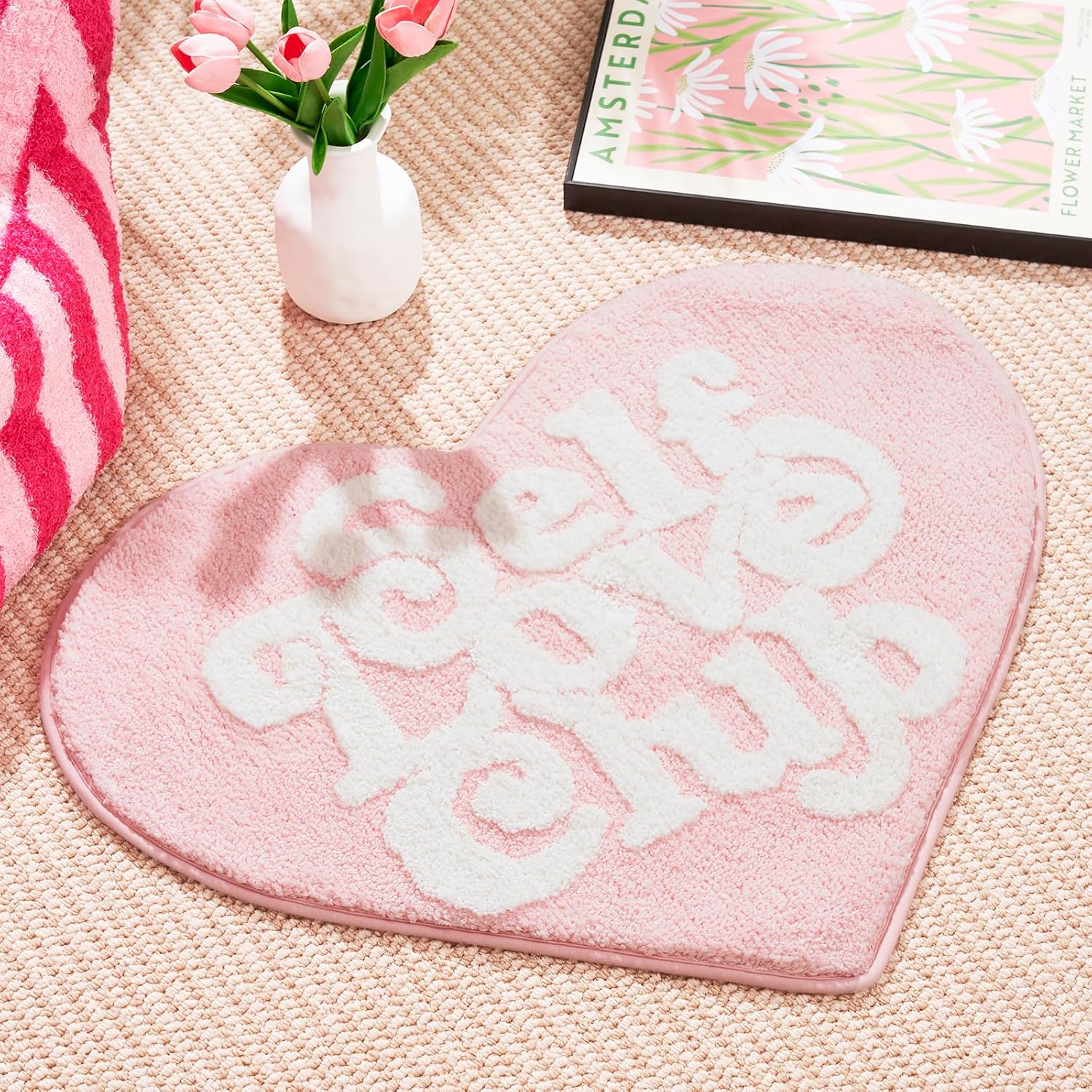 ELDONE Self Love Club Rug Heart Shaped - Cute Bath Mat Non Slip, Funky Aesthetic Groovy Small Accent Rugs for Bedroom Bathroom, Girls Preppy Room Decor, Pink and White Heart Rug 28"x23"