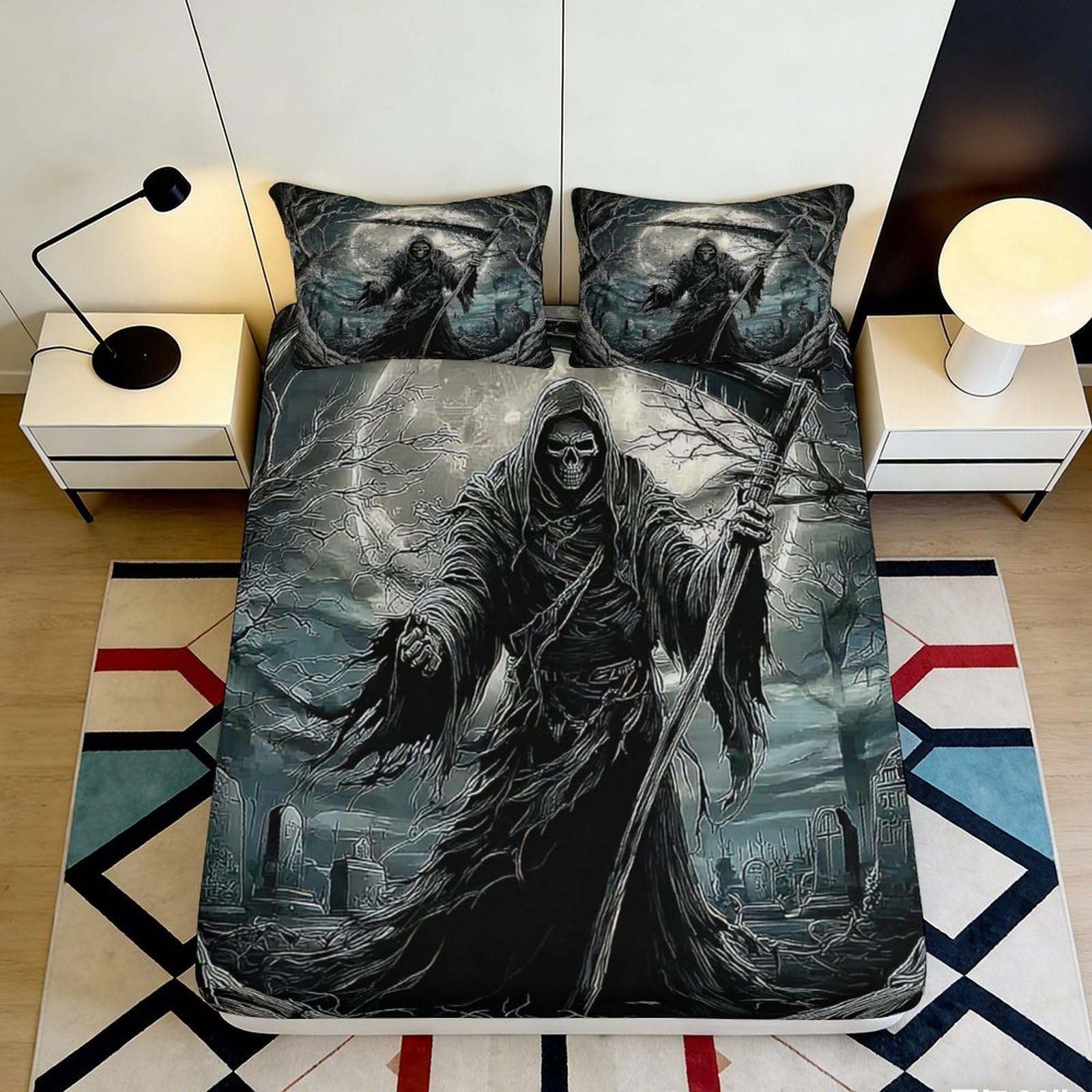 3D Printed Grim Reaper Fitted Sheet Microfiber Soft Black Gothic Skull Bed Cover for Bedroom Guest Room Decor 90x200x25cm