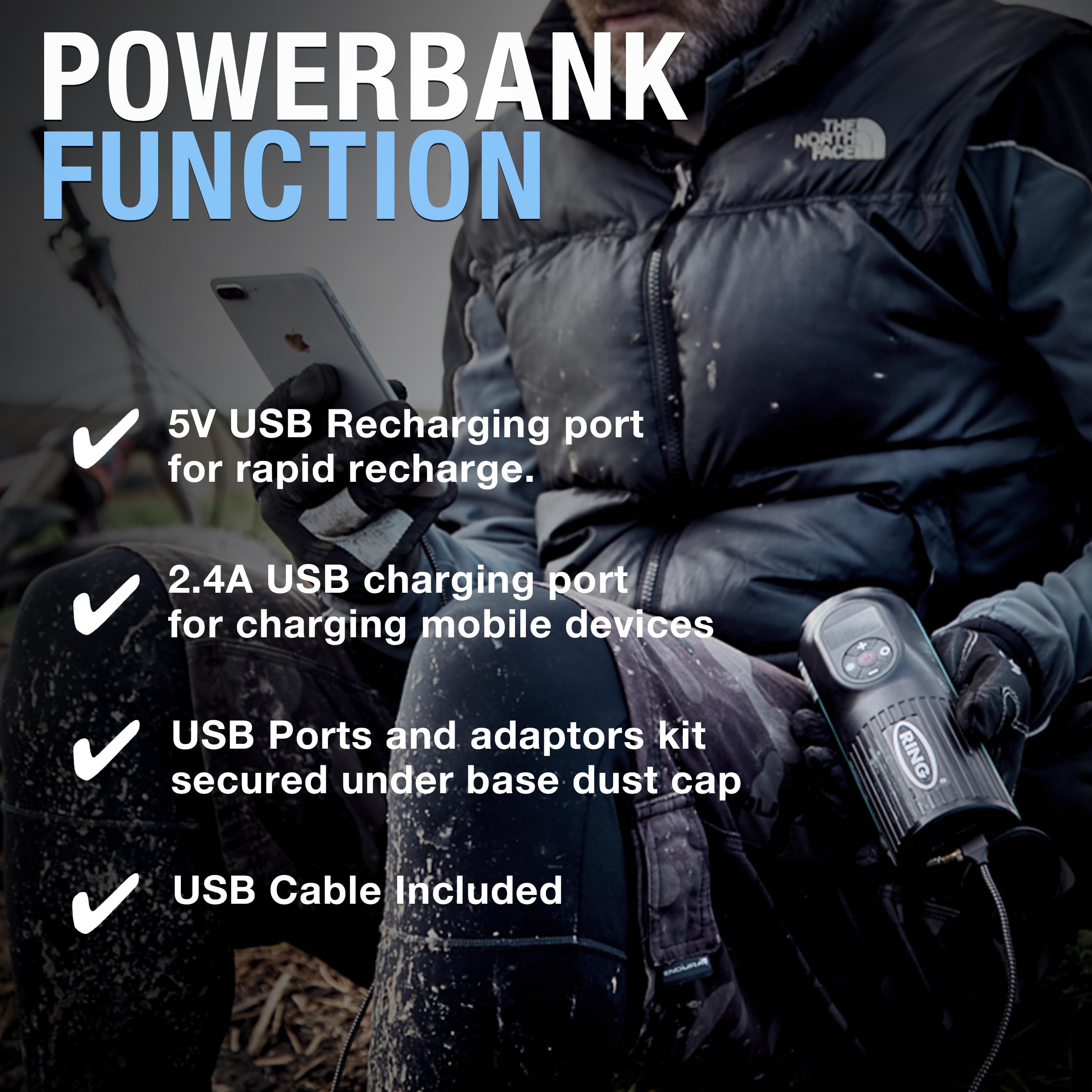 Ring Automotive - RTC2000 Cyfrowy akumulatorowy nadmuchiwacz opon sprężarka powietrza i elektryczna pompka do roweru z manometrem pamięci LED, Powerbank i zestaw adaptera, czarny