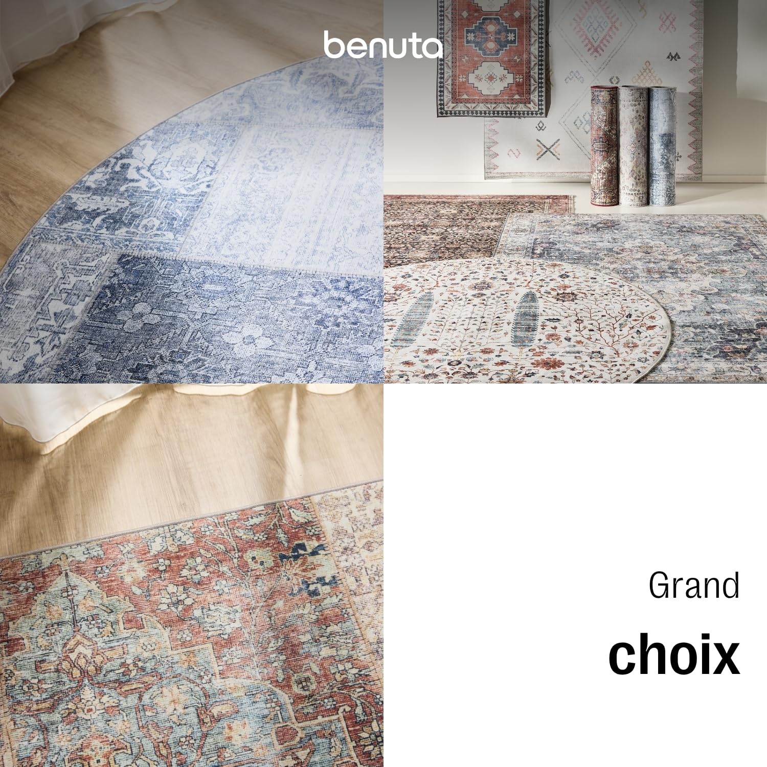 benuta Basic Tapis Salon George - Crème/Taupe 160 cm Rond - Rond Lavable - Vintage, Élégant, Rétro pour Chambre, Couloir, Salle à Manger