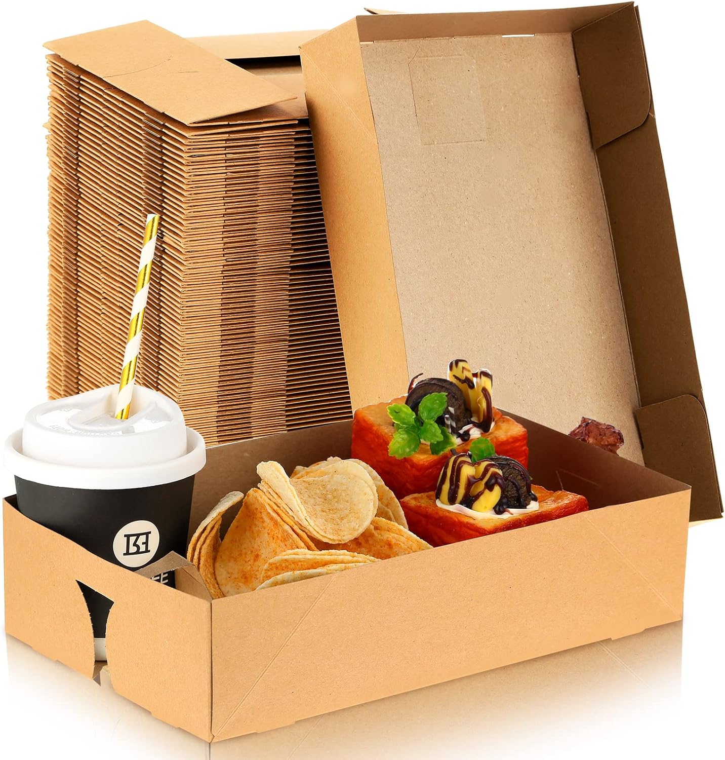 Eersida 100 Pieces Movie Night Snack Trays Disposable Paper Cardboard Food Trays Nacho Crawfish Boxes 4 Corner Pop up Food Containers for Party