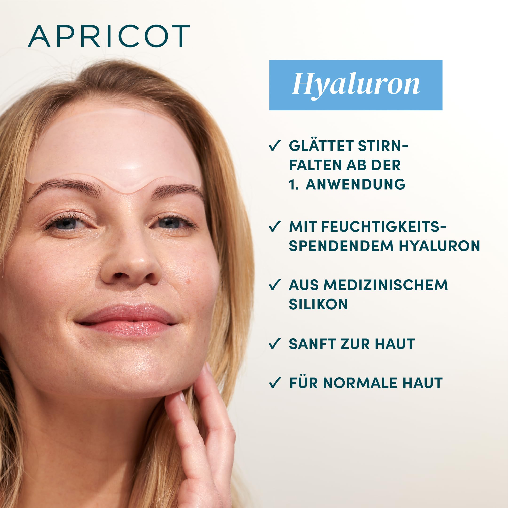APRICOT Stirn Pads gegen Falten 2x aus medizinischem Silikon mit niedermolekularem Hyaluron, Stirn- und Zornesfalte Glätten - 60x Wiederverwendbar, Dermatologisch geprüft, Vegan & Tierversuchsfrei