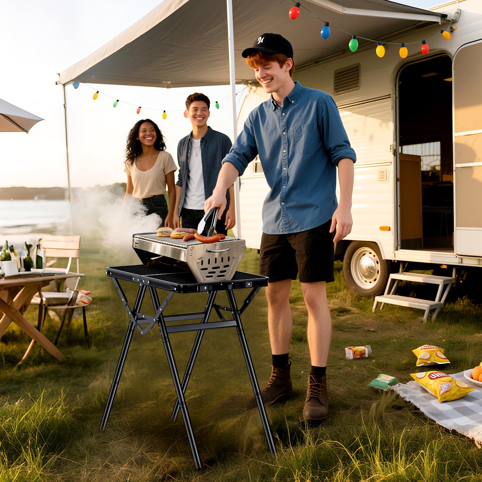 Anbte Table de Camping Pliable avec Hauteur Réglable, Supporte 82 kg, Ultra-Légère et Portable, Plateau Résistant à la Chaleur, Parfaite pour Jardin BBQ et Pique-Nique, 60x40cm