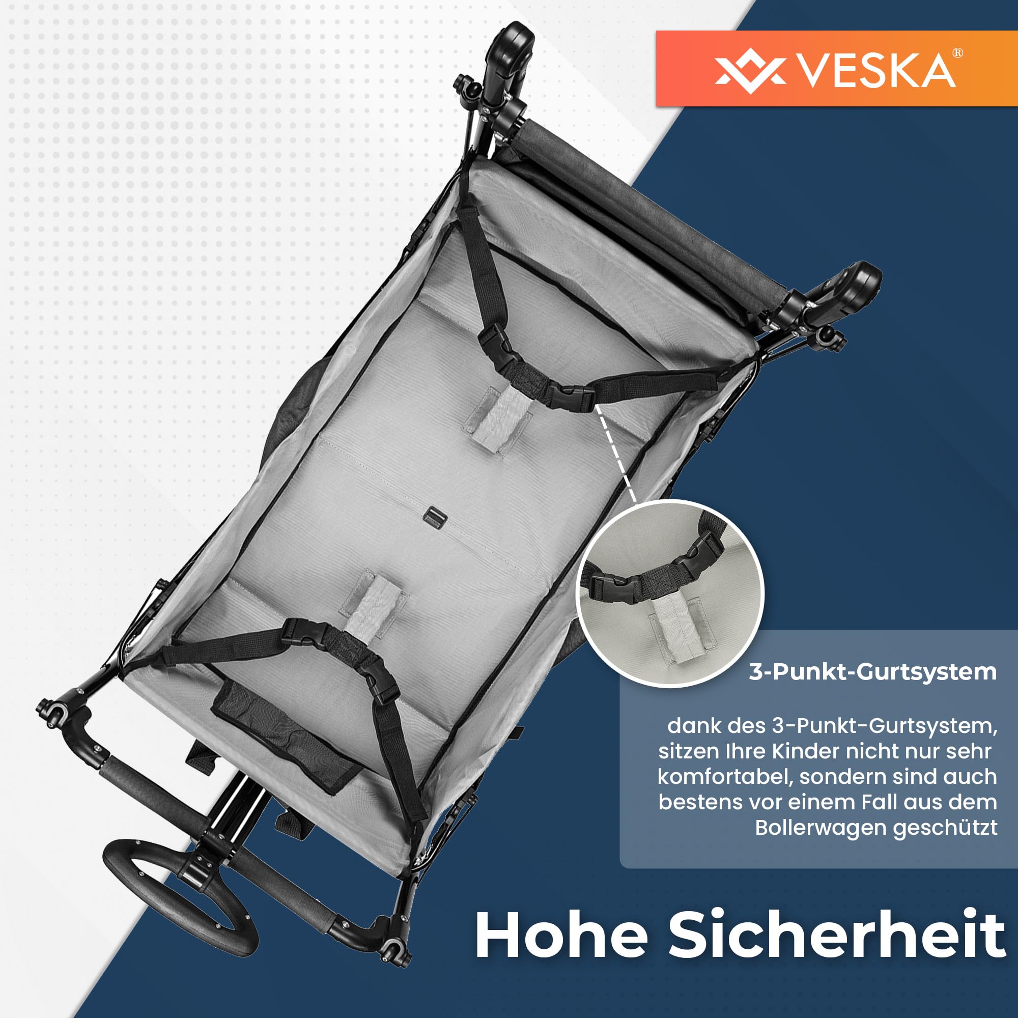 Bollerwagen faltbar mit Dach, Moskitonetz, Regencover, Handwagen Transportwagen | 2 Sitzer, Gurtsystem | klappbar | Vollgummi-Reifen | bis 80 kg | Vorder- und Hinter-Bremse + Tragetasche (anthrazit)