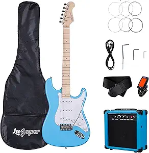 Leo Jaymz 39 Inch Full Size Electric Guitar Kit Electric Guitar Beginner Kits - 20W Amplifier,Digital Tuner,Carring Bag,Shoulder Strap,Connecting Cable (Blue)