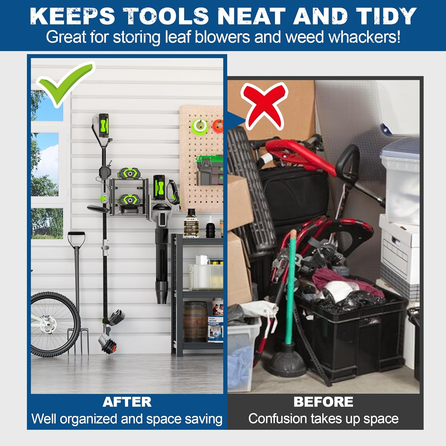 Pugala Universal Storage Rack for Leaf Blower, Weed Eater, and Power Tools – Adjustable Wall Mount Organizer with Heavy-Duty Steel, Powder-Coated Finish, and Battery Storage – Black