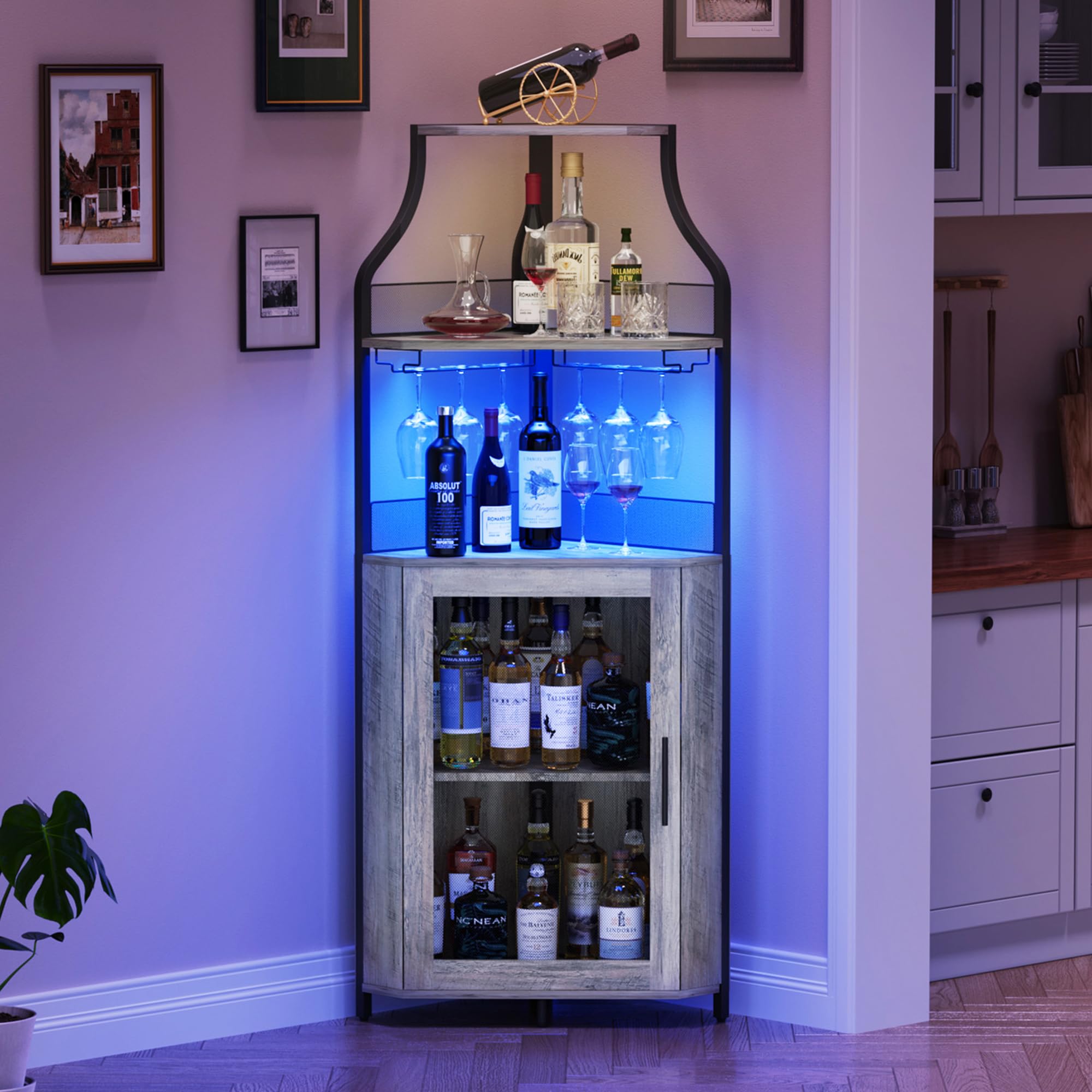 GarveeHome Corner Bar Wine Cabinet with LED Lights, 5-Tier Industrial Wine Cabinet with Glass Holder, Modern Liquor Cabinet with Adjustable Shelf,