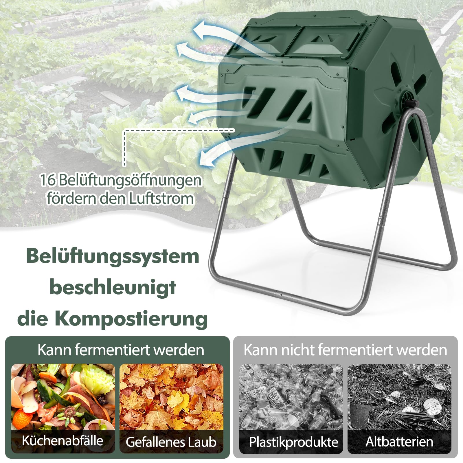 GOPLUS Compostador de tambor de 160 L, con 2 cámaras, 2 puertas correderas, marco de metal y 16 rejillas de ventilación, sin BPA, compostador de jardín para residuos orgánicos y de jardín, incluye