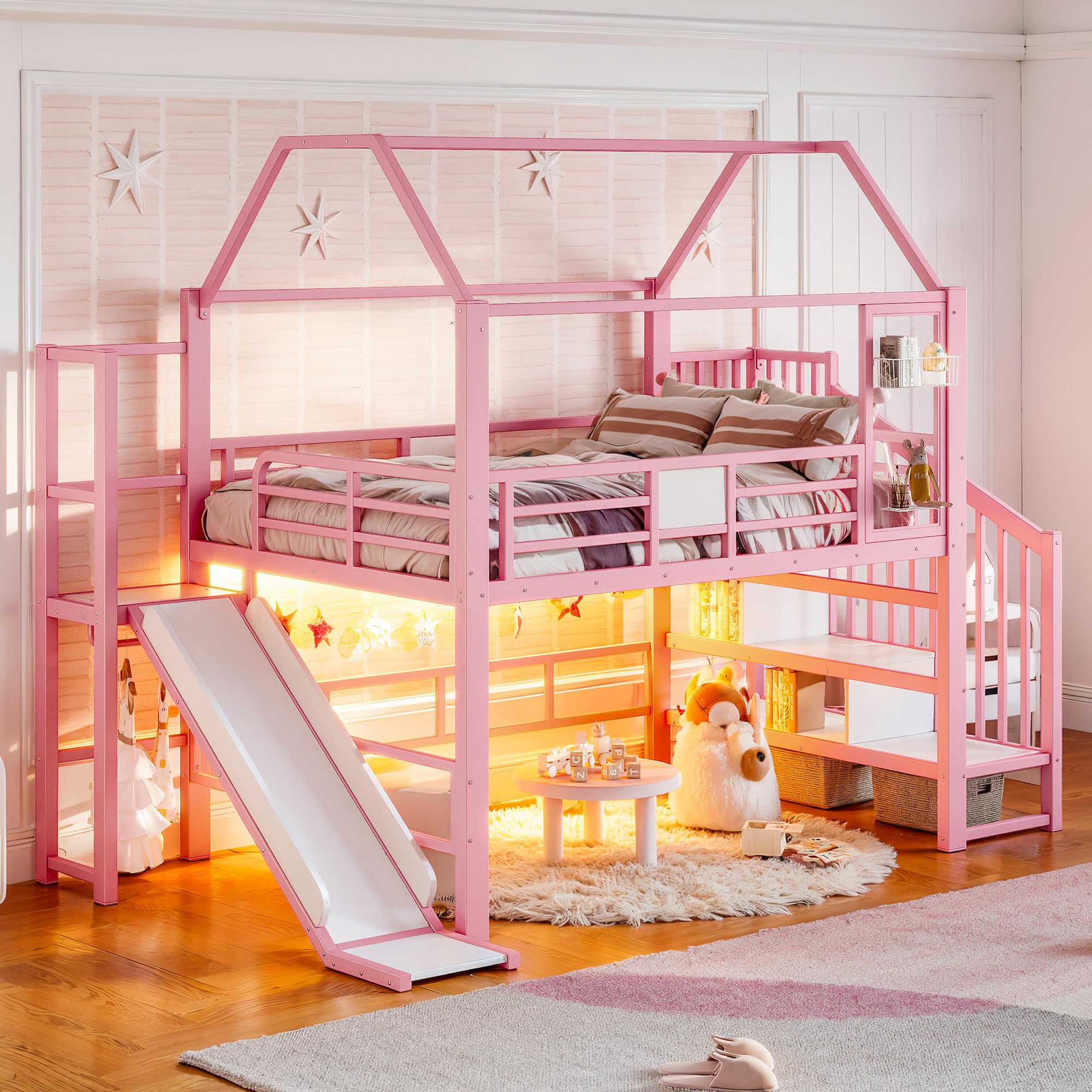 Lit Mezzanine Enfant 140x200 cm avec Toboggan, Grand Lit Cabane avec Escalier de Rangement, LED Bluetooth, Penderie, Barrières de Sécurité, It Superposé Métal Rose