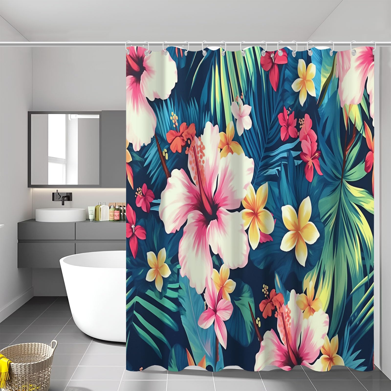 Rideau de douche anti éclaboussures en polyester motif fleurs exotiques