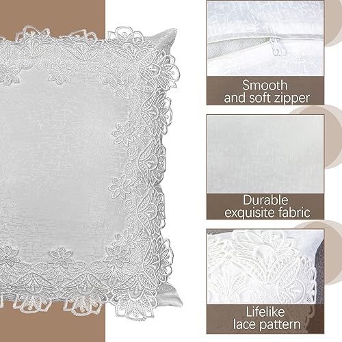 Miniatura 4 de Juego de 2 fundas de almohada de 18 x 18 pulgadas, fundas de almohada suaves de encaje blanco, decoración de sala de estar, exquisita funda de cojín
