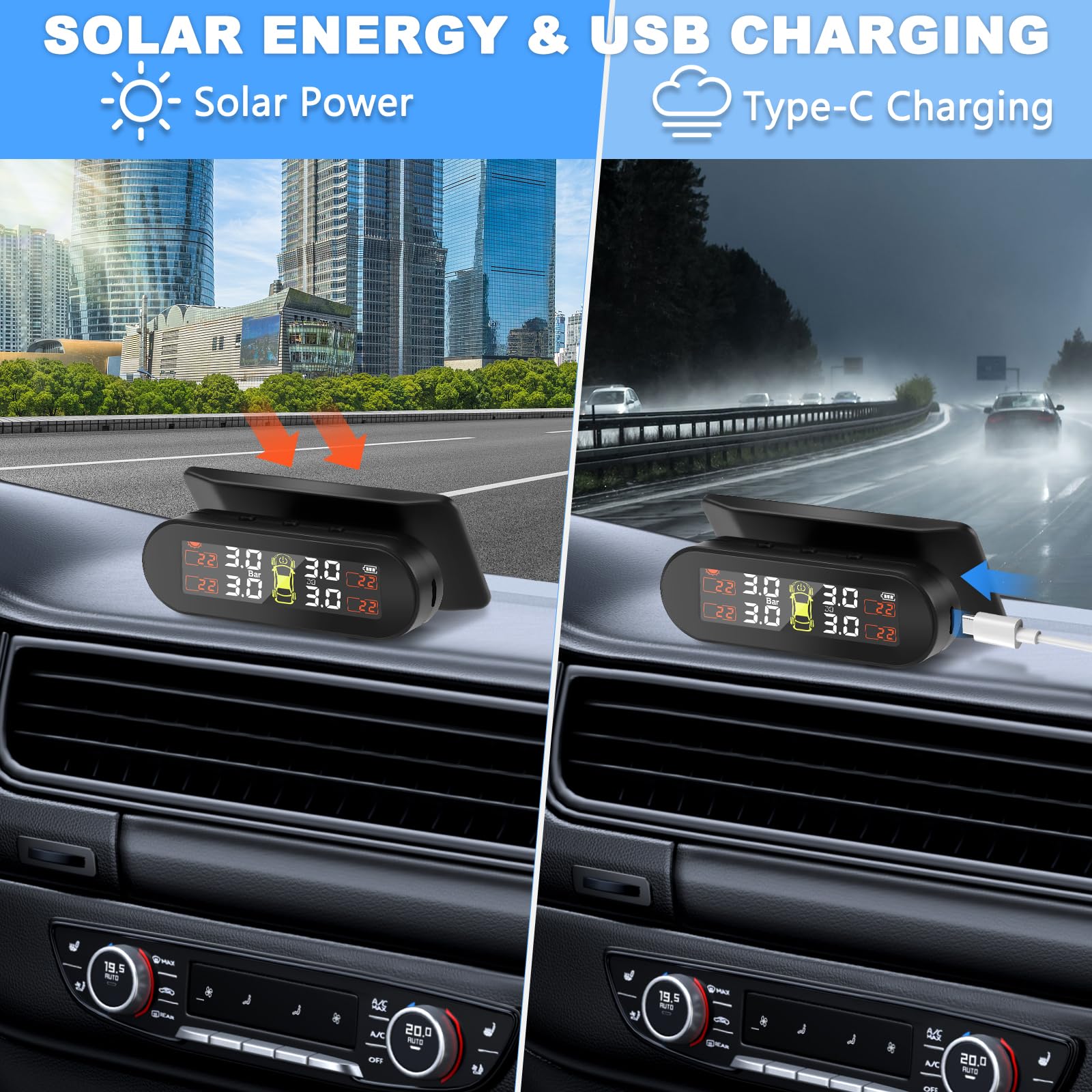 TPMS Sistema di Monitoraggio,della Pressione degli Pneumatici, Ricarica Solare/USB, 4 modalità Allarme, con 4 Sensori Esterni, per Berlina, SUV, Monovolume, Rimorchio, ECC