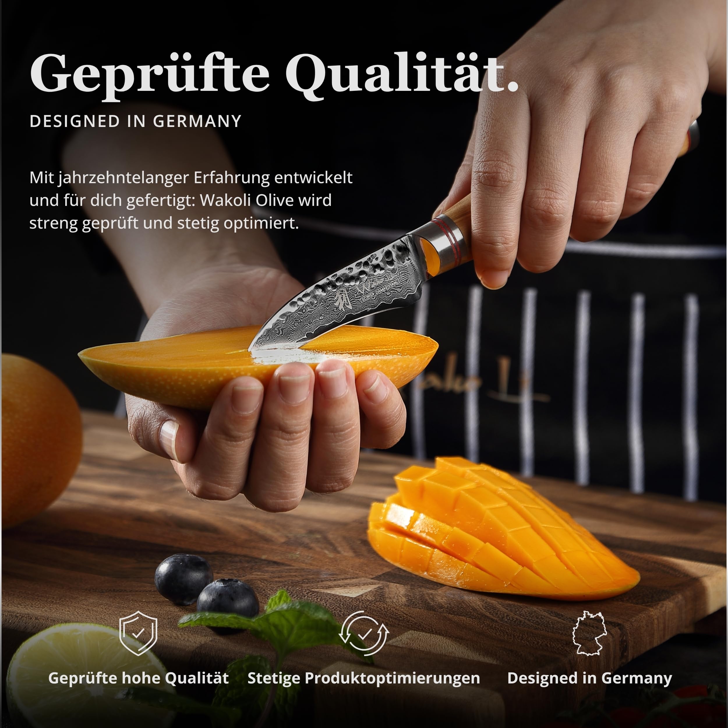 Wakoli Olive HS Schälmesser 7 cm Klinge aus 67 Lagen Damaststahl, VG10-Kern | Gebogene Klinge, Hammerschlag, Olivenholzgriff, 60 ± 2 HRC und beidseitiger V-Schliff zum Schälen, Putzen und Tournieren