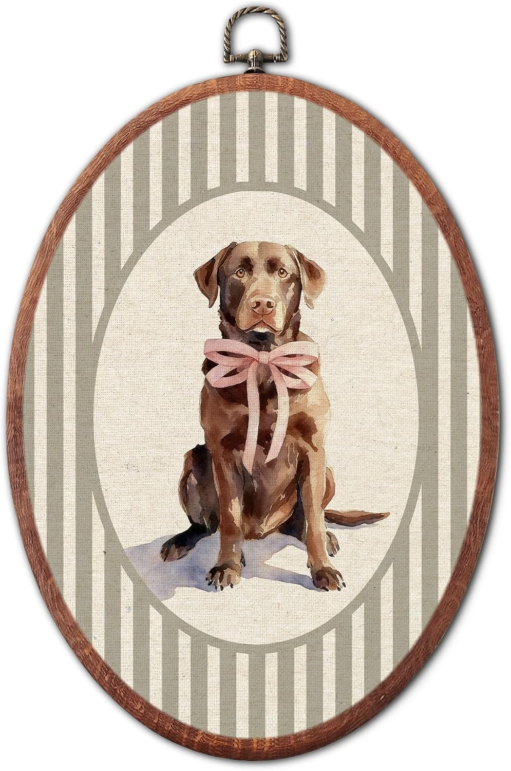 Vintage Labrador Retriever Pink Bow Nursery Oval Wall Art Framed Canvas