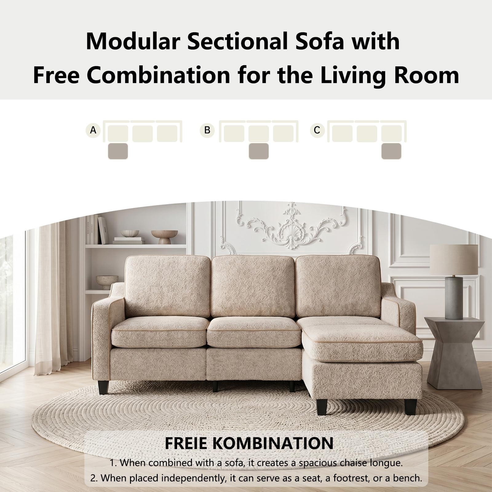 JIEXI Sofa 3 + 1-osobowa z otomaną, możliwość dowolnego łączenia z pluszowego polaru, oddychająca, wysoka obciążalność 230 kg, w zestawie kieszeń boczna, sofa do salonu, sypialni, biura – beżowa