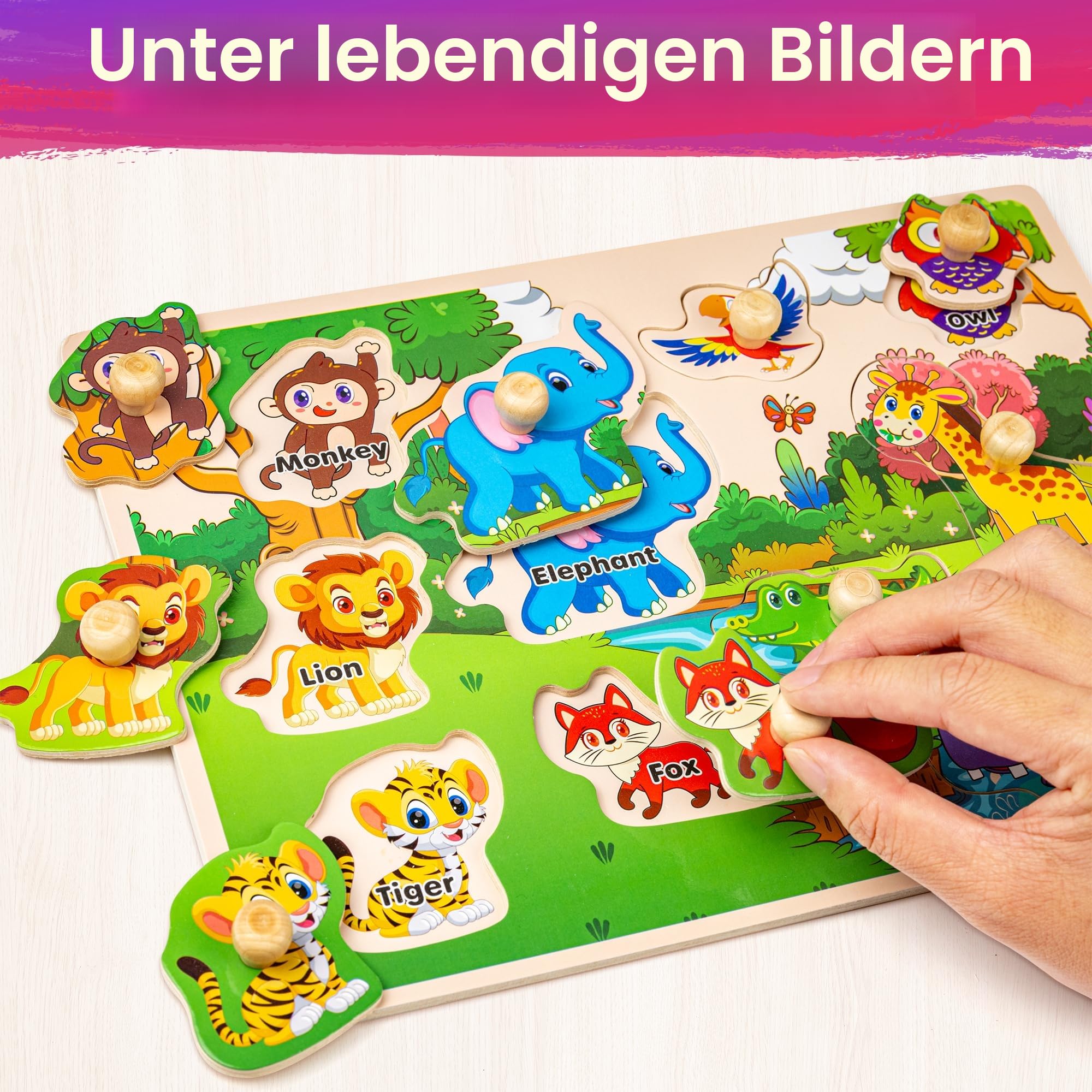 SYNARRY Kinder Holzpuzzle ab 1 2 3 Jahre, 6 Set Steckpuzzle für Babys Kleinkinder, Alphabet Nummer Tier Dinosaurier Fahrzeuge Montessori Lernspielzeug Geschenke