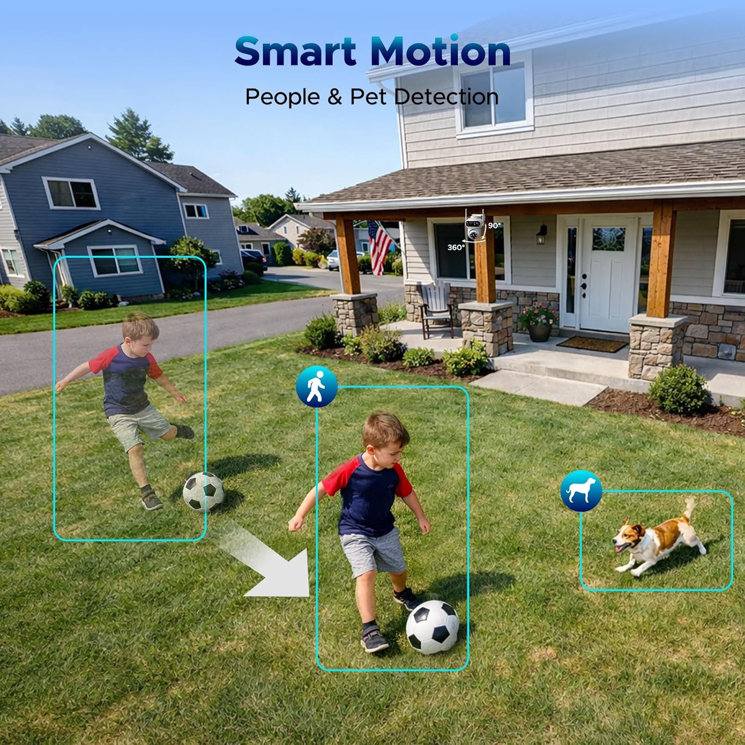 CAMCAMP Triple-Lens Wireless Security Cameras System, 24/7 Record Home Security Camera System, Auto Tracking, 2.4 & 5GHz WiFi, 360°PTZ, 2K Color Night Vision, 0 Monthly Fee, 500GB HDD