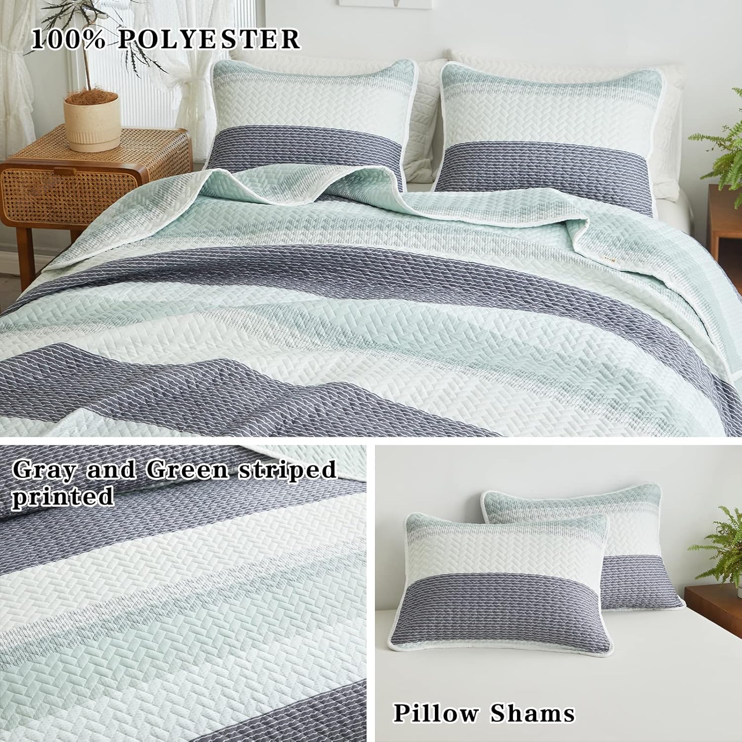 Flysheep Boho Striped Quilt Set Full Queen Size, 3 Pcs Green Grey and White Reversible Bedspread, Brushed Microfiber Coverlet for All Season, 1 Quilt + 2 Pillow Shams - Image 4