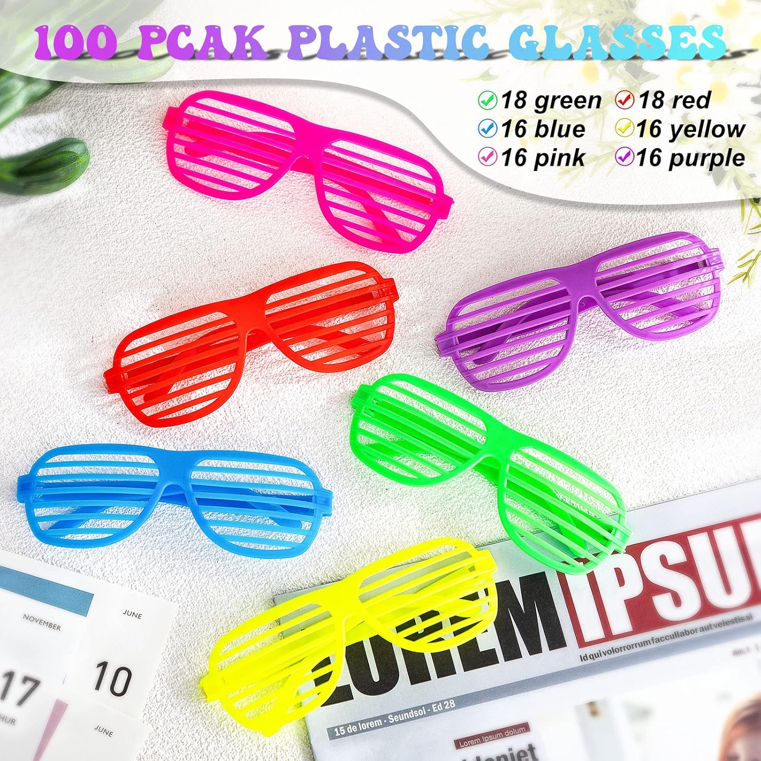 100 Pack Plastic Shutter Shades Glasses Bulk, 80's Style Slotted Shutter Shade Sunglasses, Neon Color Shade Glasses for Party Favors, School Gifts Teens Adults Birthday Supplies, Assorted Colors