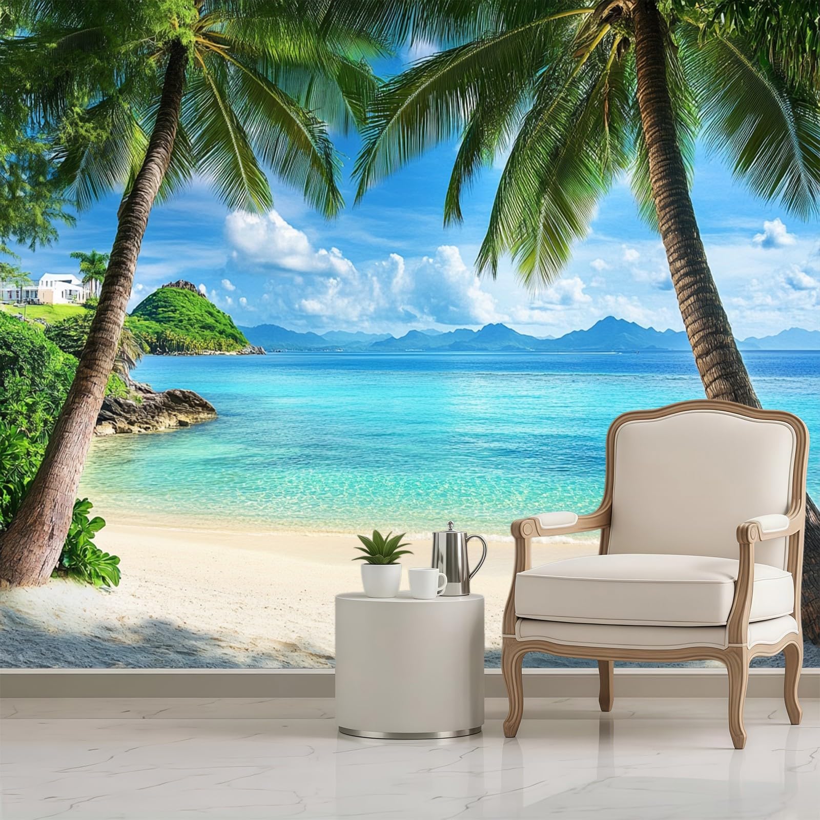 Papel Pintado Panorámico playa tropical 350 x 256 cm verde decoración pared salón dormitorio infantil mural grande estilo moderno hogar