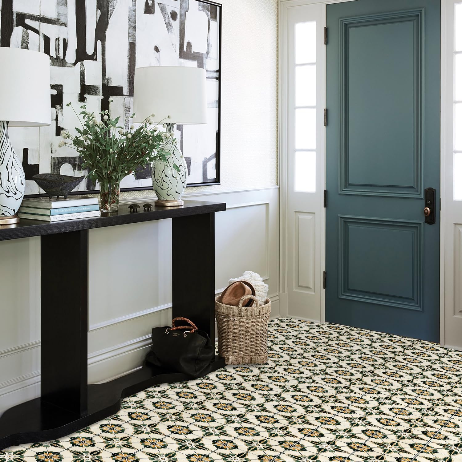 Vintage Yellow Dark Green Geometric Square Flowers Peel and Stick Vinyl Floor Tiles 10-Pack 12 x 12 inch, Self Adhesive Waterproof Flooring for Kitchen, Dining Room, Bedrooms, Cover 10 Sq. Ft