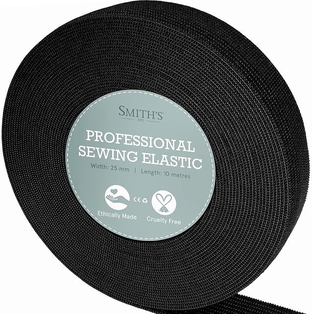 Smiths® 10 Metre Black Sewing Elastic | 10 Metres (Length) X 25mm (Width) | Flat Ribbon | Perfect for Dressmaking, Waistband, Accessories, Sewing Crafts & More!
