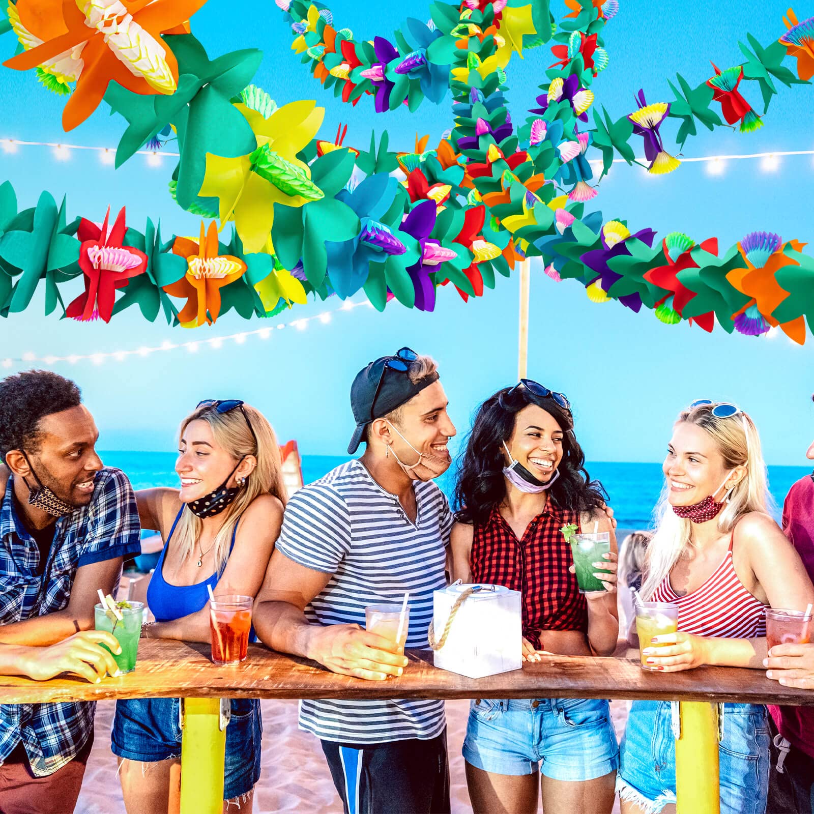 6 x tropische Blumengirlanden, buntes Luau, 15 m lang | Papierblumen Girlande Dekorationen Hawaii Strand Party Geburtstag Baby Party Hochzeit