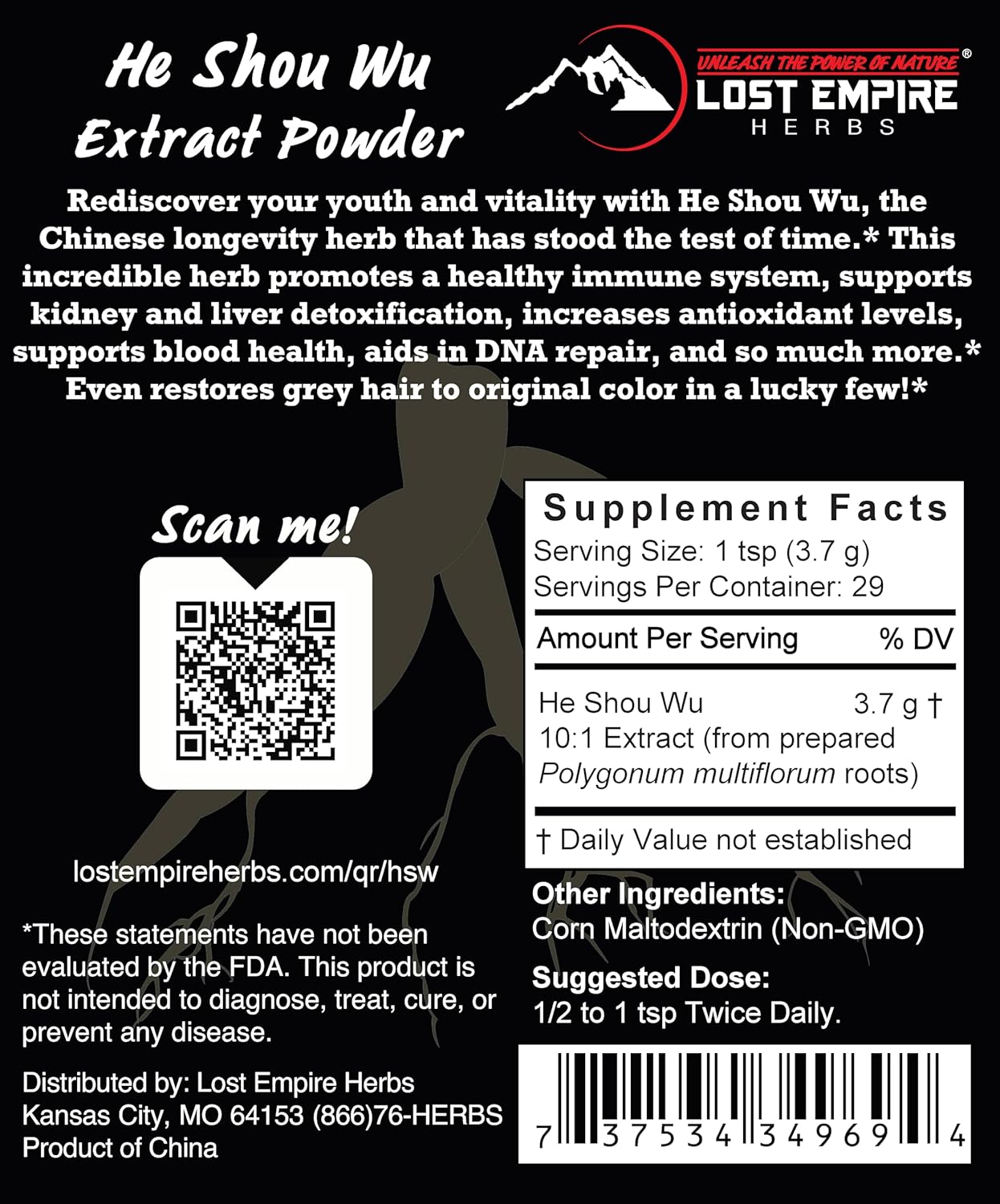 Lost Empire Herbs He Shou Wu 10:1 Extract Powder | Polygonum multiflorum or Fo-Ti Traditionally Prepared Roots for Jing (100 Grams) - Image 2