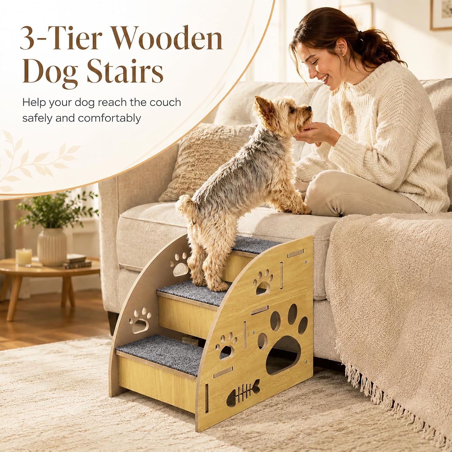 Wooden Dog Stairs, 3 Tier Stable Pet Steps with Non Slip Carpet Treads, 13.4 x 11.8 x 15.7 in Low Incline Indoor Pet Ramp for Sofa & Bed, Offering Reliable Support to Active Small Dogs and Senior Cats