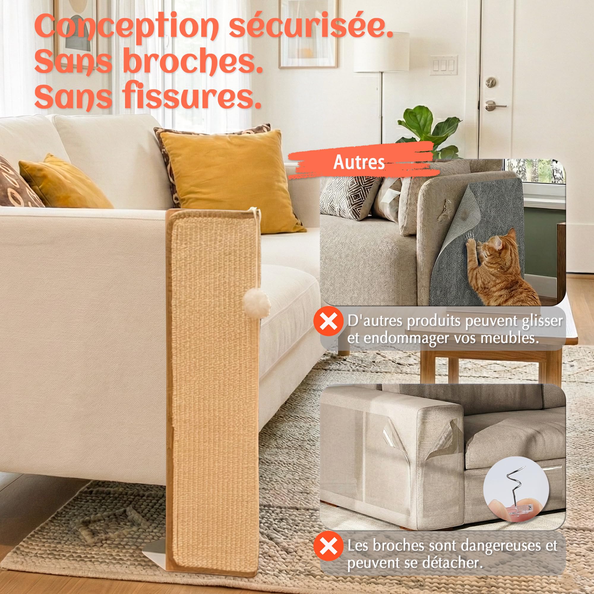 PETKARAY Under-Furniture Griffoir pour Chats, Poteau griffoir en sisal de 60 cm pour Angle de canapé, protège-Meubles pour canapé avec Balle Jouet
