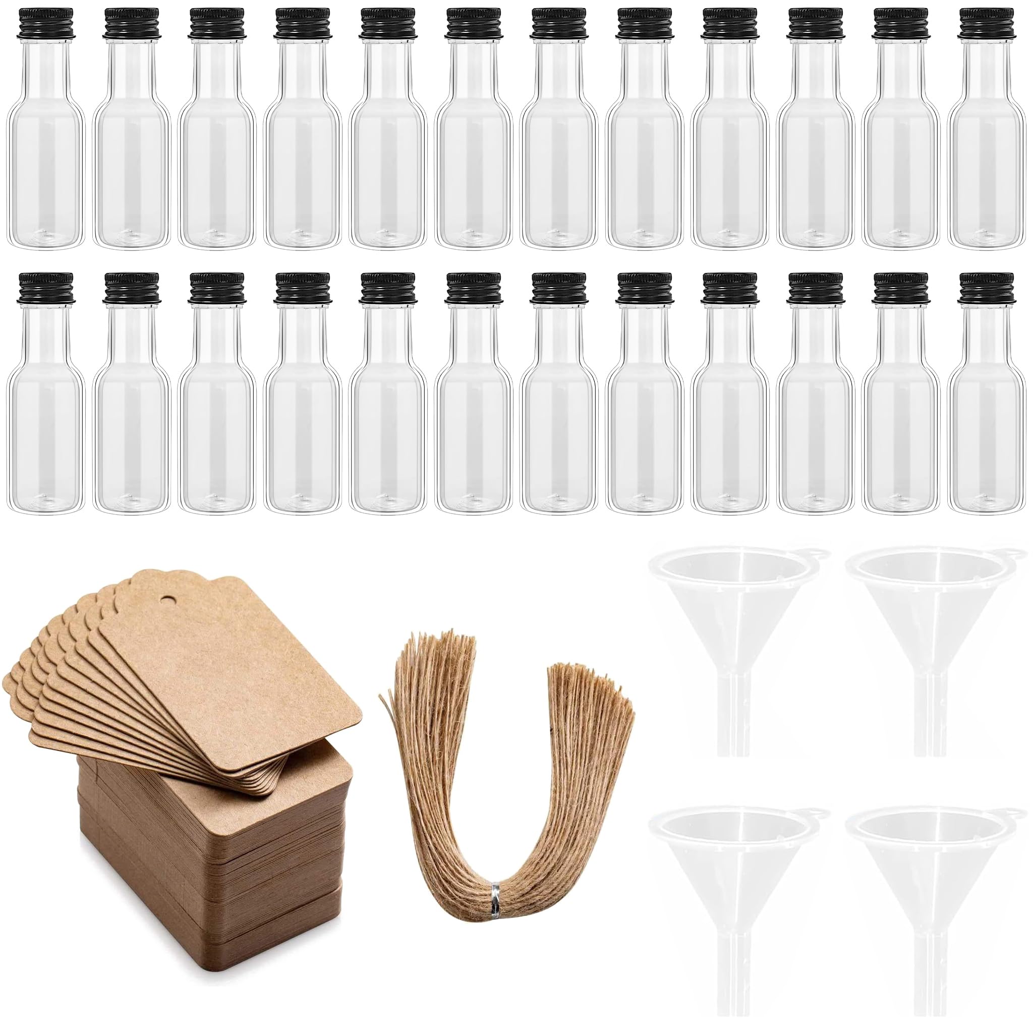 24 Pezzi Piccole Bottiglie da 50ml per riempire, Mini Bottiglie di plastica con Coperchio e Imbuto, Bottiglie riutilizzabili per Matrimoni e Feste