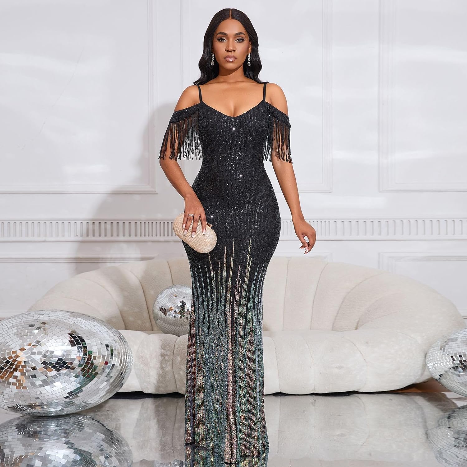 Cololura Women Sexy Sequin Tassel Off Shoulder Halter Bodycon Formal Party Evening Gown Maxi Dress - Image 2