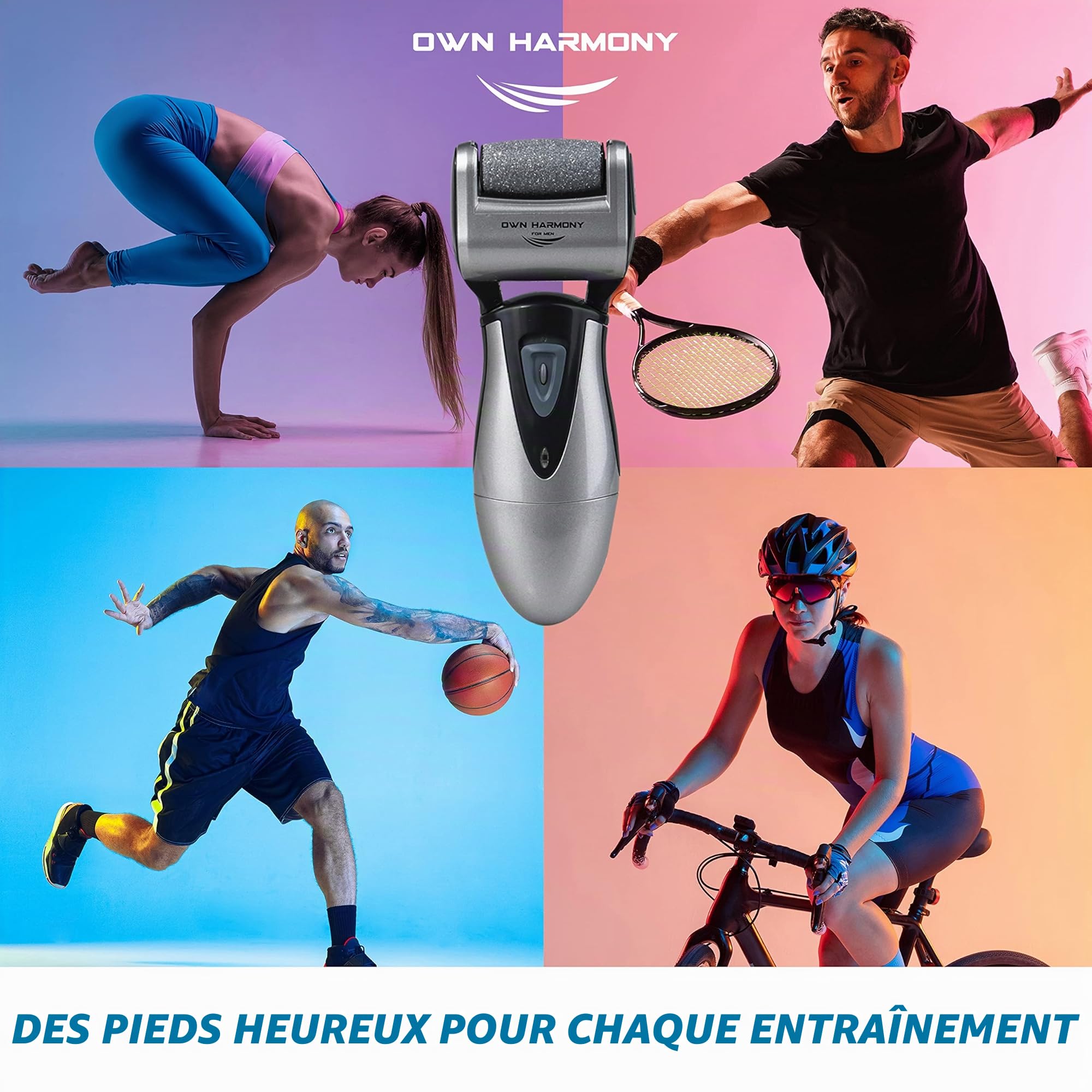 Rapeuse Pieds Electrique pour Hommes par Own Harmony - Rappe Pieds Pédicure Rechargeables et Soins des Pieds avec 3 Rouleaux - Kit Pedicure Professionnel pour Peau Morte, Sèche, Dure (Câble USB)