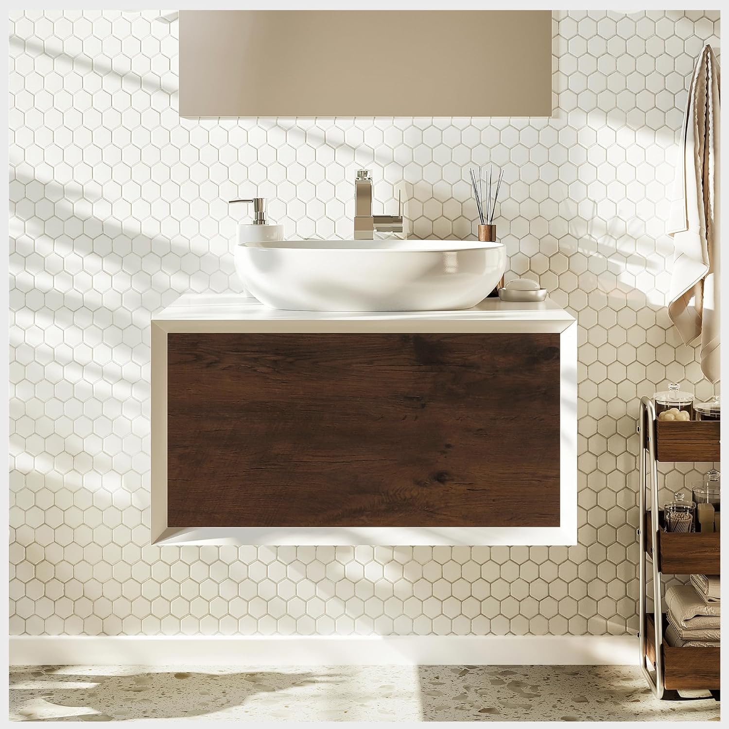 Santa Monica 30 in. Rosewood Wall Mount Single Sink Bath Vanity with Acrylic Top and Vessel Solid Surface Sink