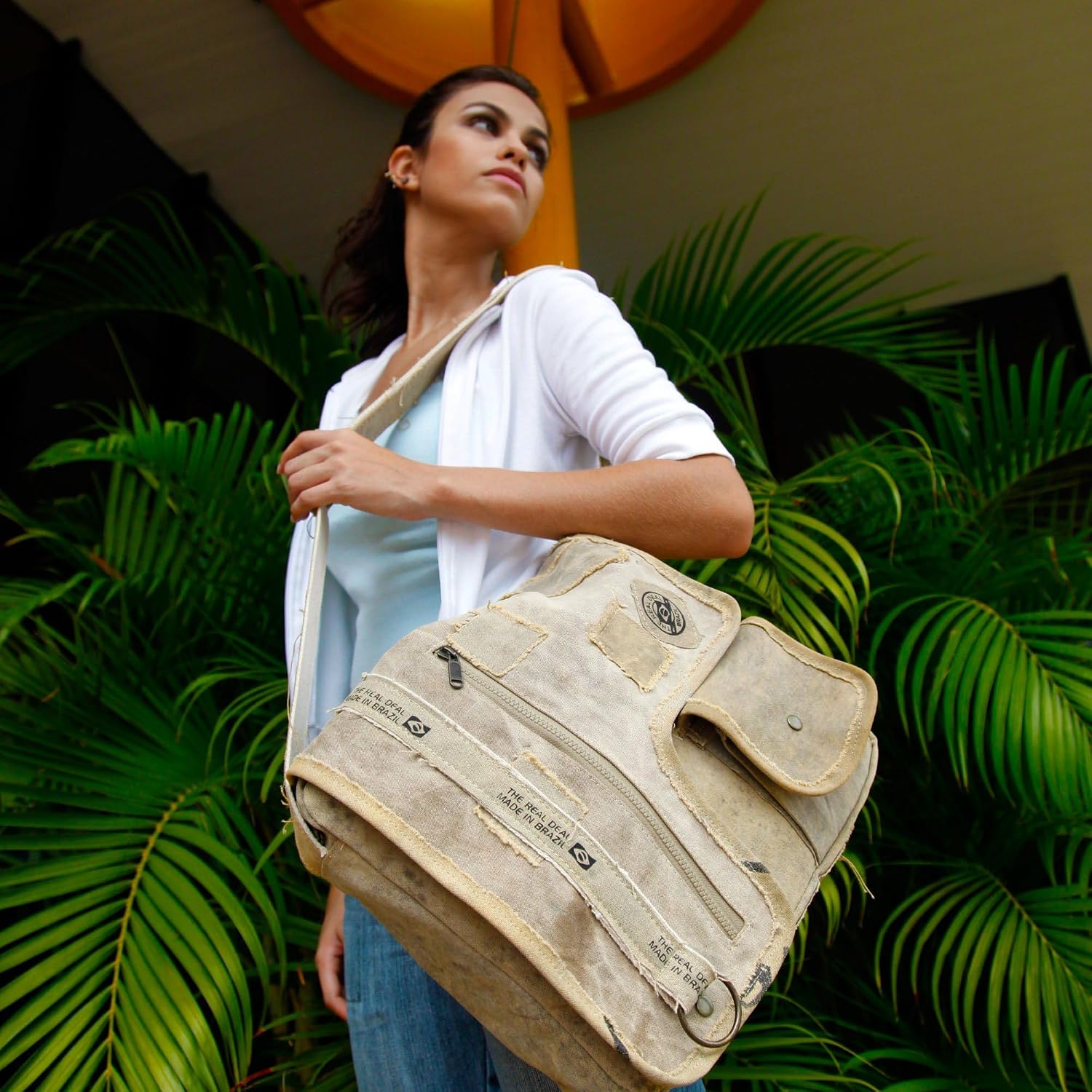 Real Deal Brazil Iguape Messenger Bag – Recycled Tarp Canvas, Unique Shoulder Bag with Front and Inside Pockets, 11.5 x 14 in. – Handcrafted in Brazil