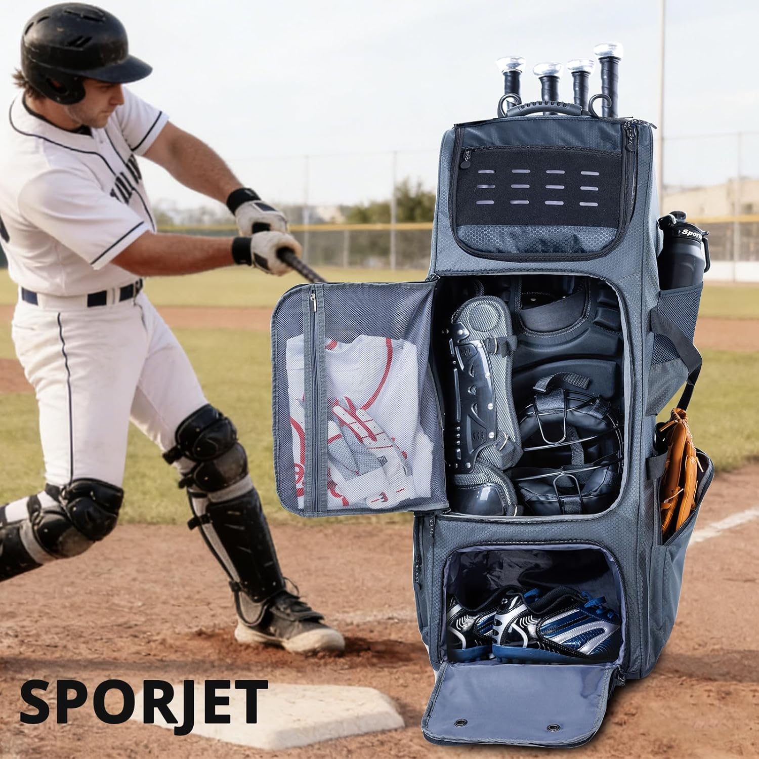 Large Rolling Baseball Catchers Gear Bag with Wheels, Softball Bag with Hard Backing for 4 Bats,Equipment Bag with Separate Shoe & Helmet Compartments, Youth Baseball Bag with 360° Spinner Wheels