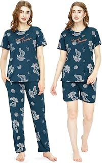 ZEYO Night Suit for Women's Cheetah & Floral Printed Cotton Night Dress of Top,Pajama & Short's 3Pc'S Set 5733 Price In India
