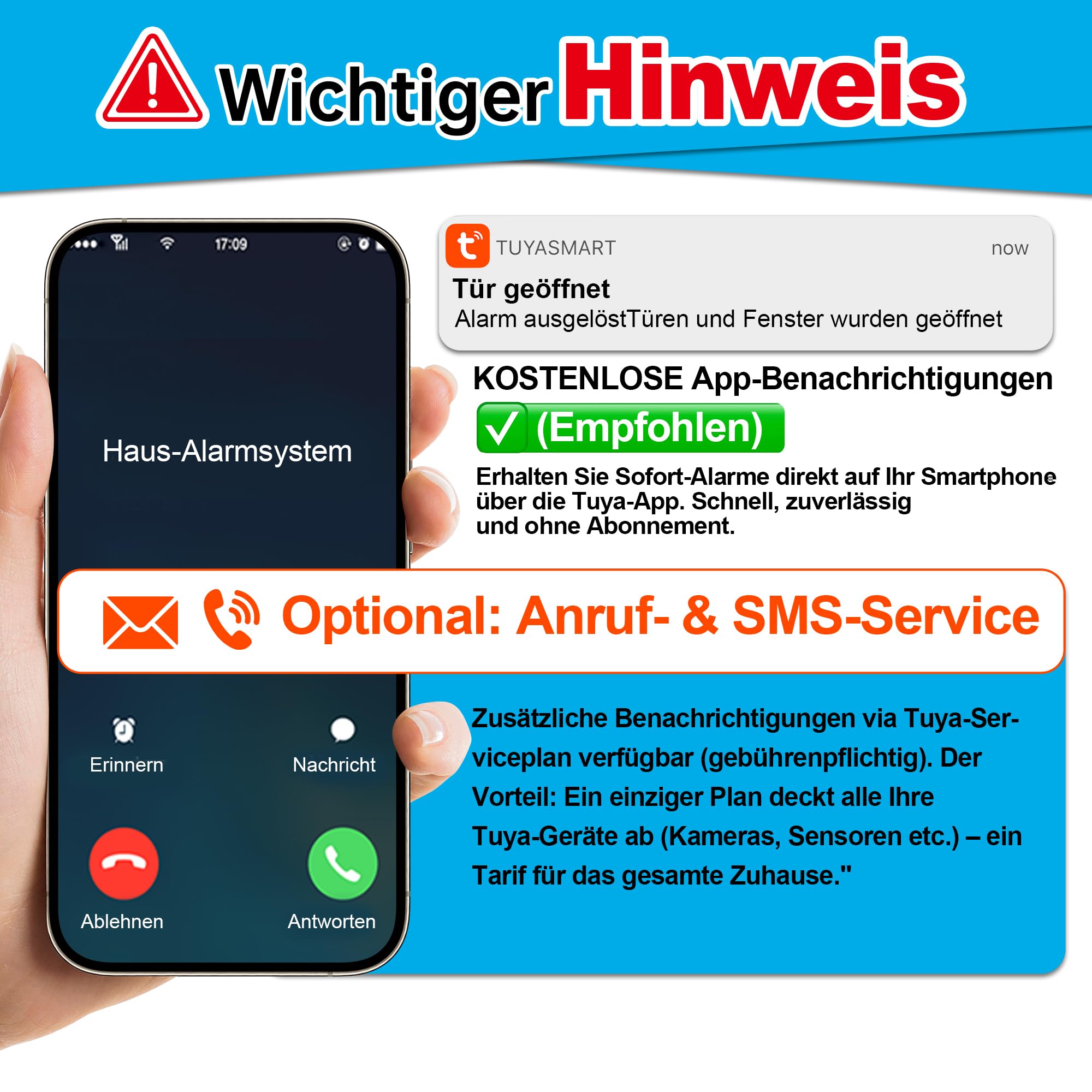 WiFi Alarmanlage, 120 dB Funkalarmsystem für die Haussicherheit mit kostenloser 5*Bewegungsmelder-Sirene und Fernbedienung für Schuppen und Garage